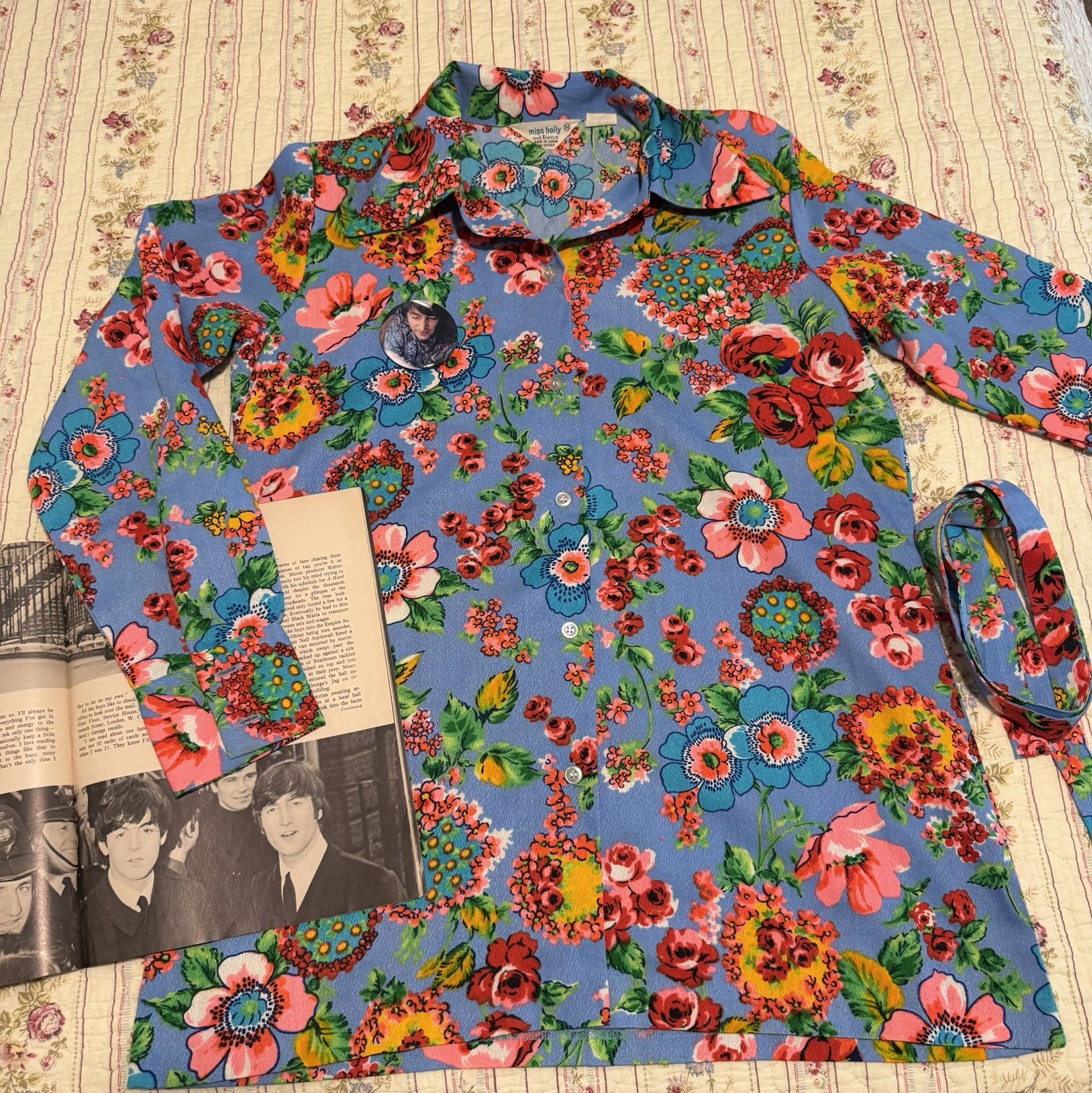 True Vintage 70s Miss Holly Floral Tunic Blouse Belted Made in Japan M S/M VTG