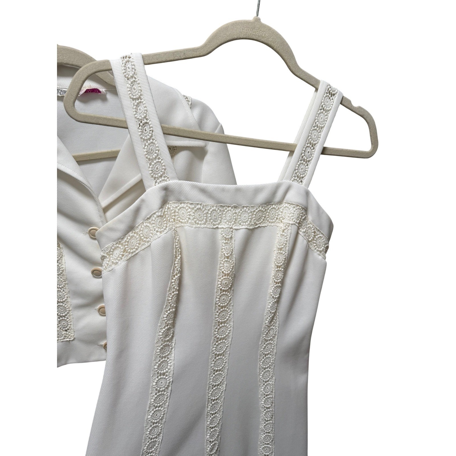 Vintage 70s Dress Set Sz S White Lace Bridal Boho Mel Warshaw Miss Jane Miami