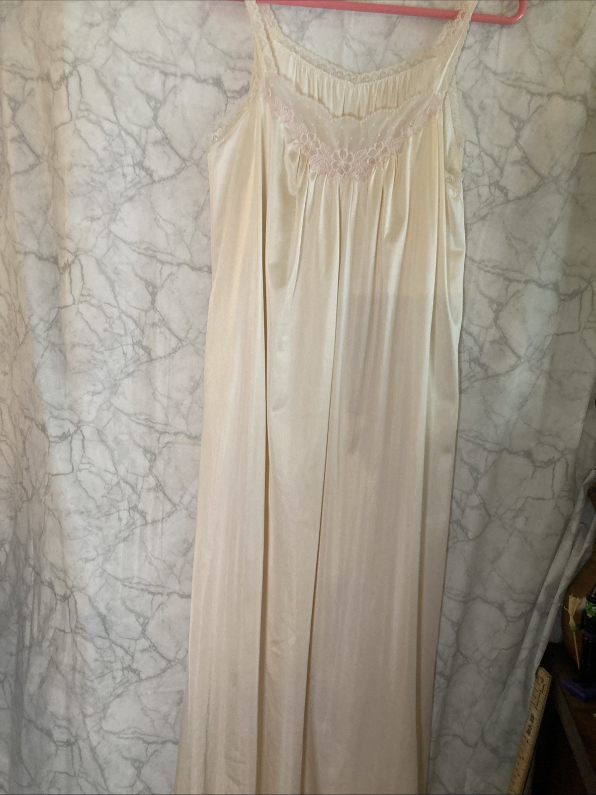 VNTG Vanityfair Silky Long Nightgown Set Pink Satin With Lace Sz S/M