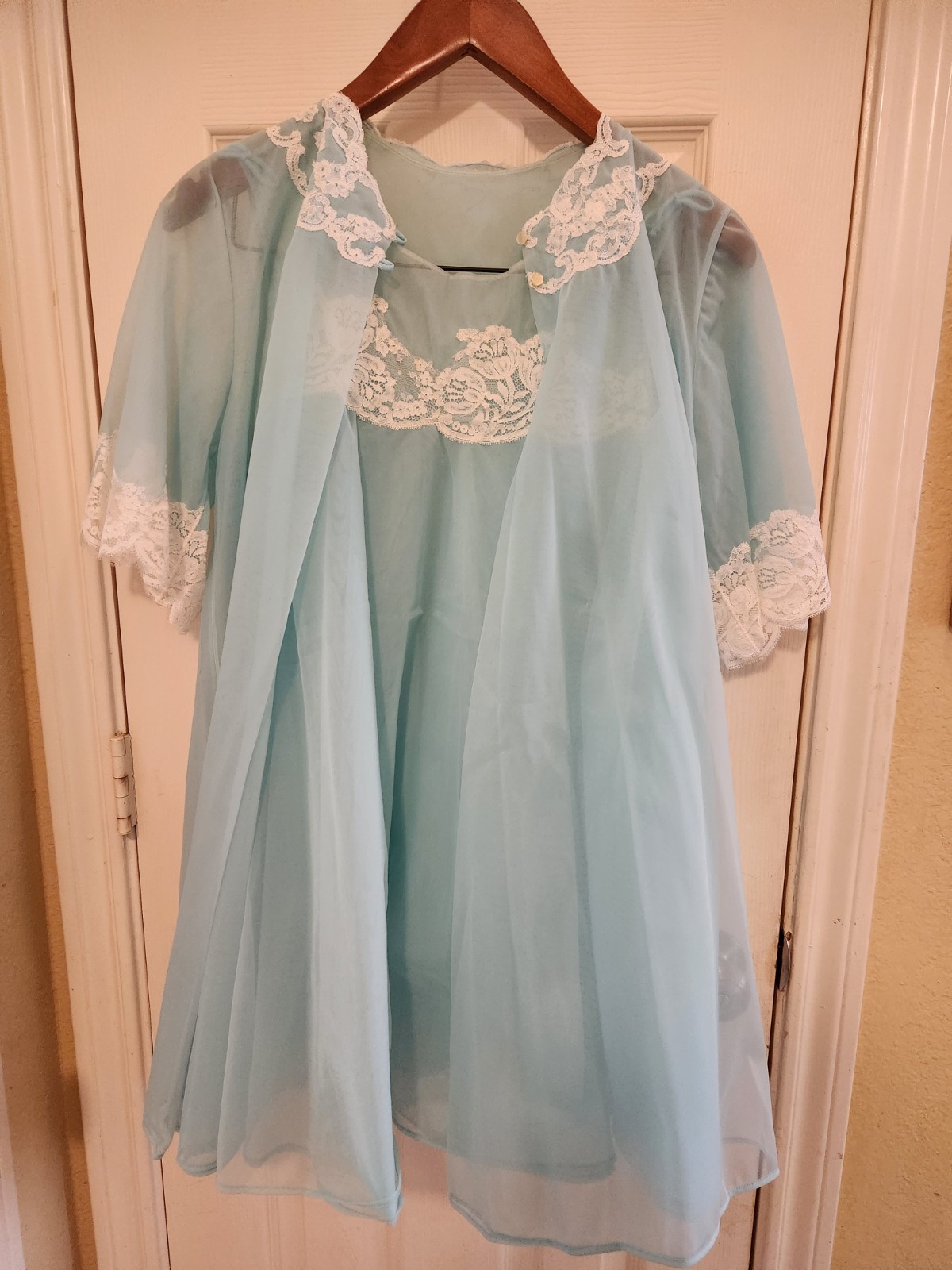 VTG Sm+ Ocean Blue Sheer Dbl Chiffon Babydoll Peignoir Robe Nightgown Gown Set