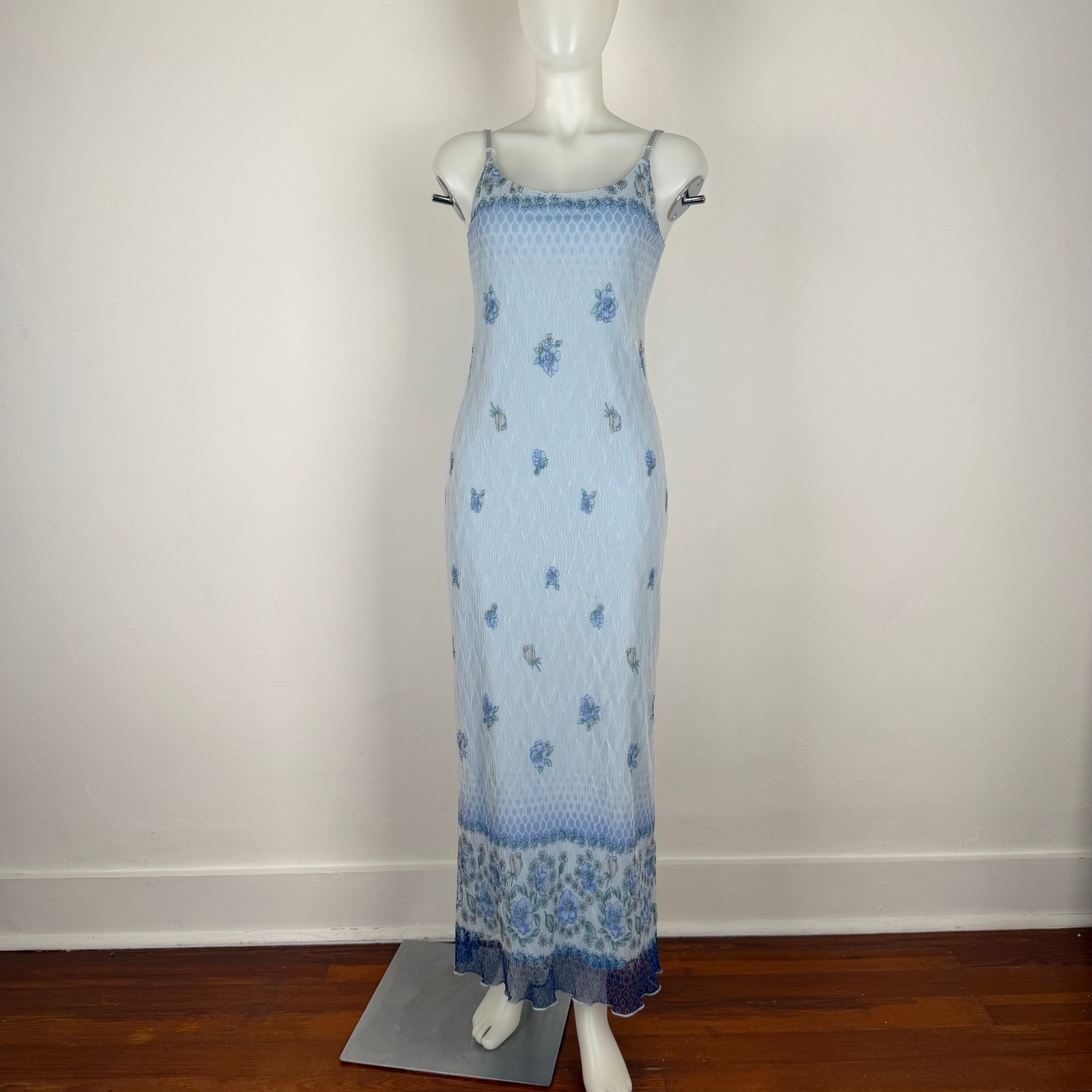 VTG Mesh Slip Dress Maxi 90s Y2K Blue Floral Juniors SZ Large (FLAWS