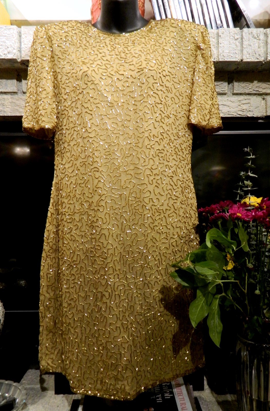 LAURENCE KAZAR VINTAGE DRESS GOLD SILK BEADED SZ Petite Large SHORT SLEEVE