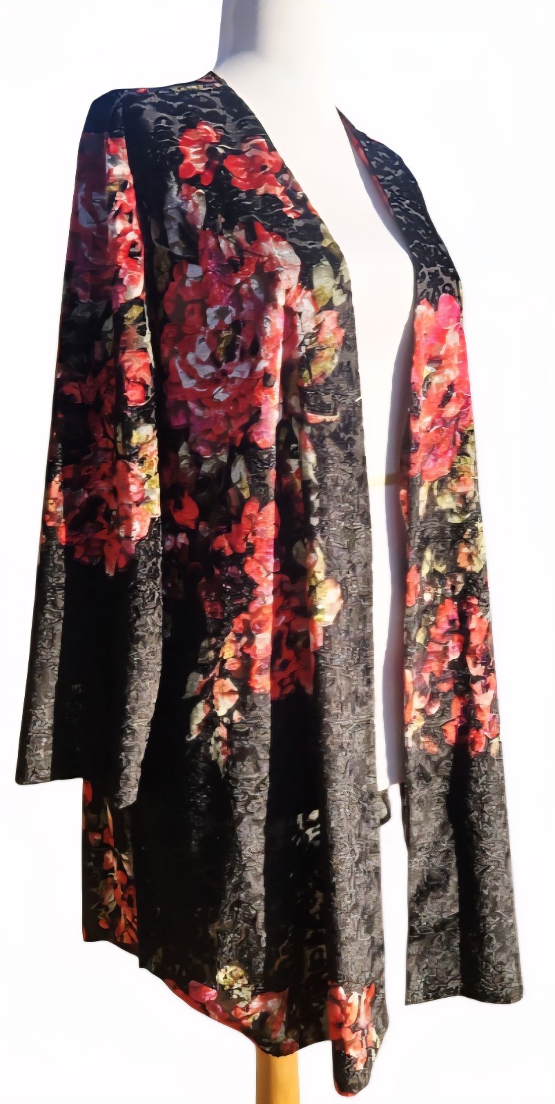 1990s SLINKY BRAND Whimsigoth Velvet Burnout Black & Red Rose Floral Kimono Sz L