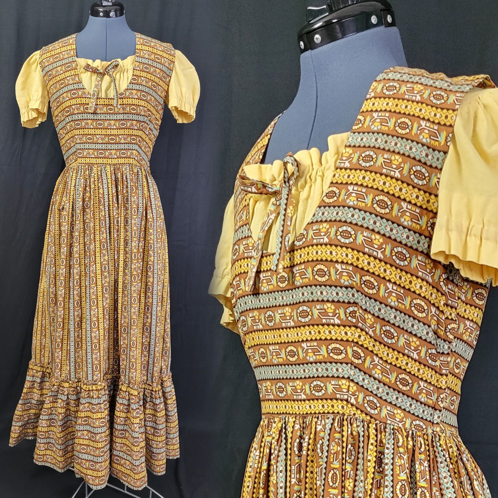 Vintage Dirndl Dress w Blouse in Brown/Yellow/Blue Pattern Size Small?