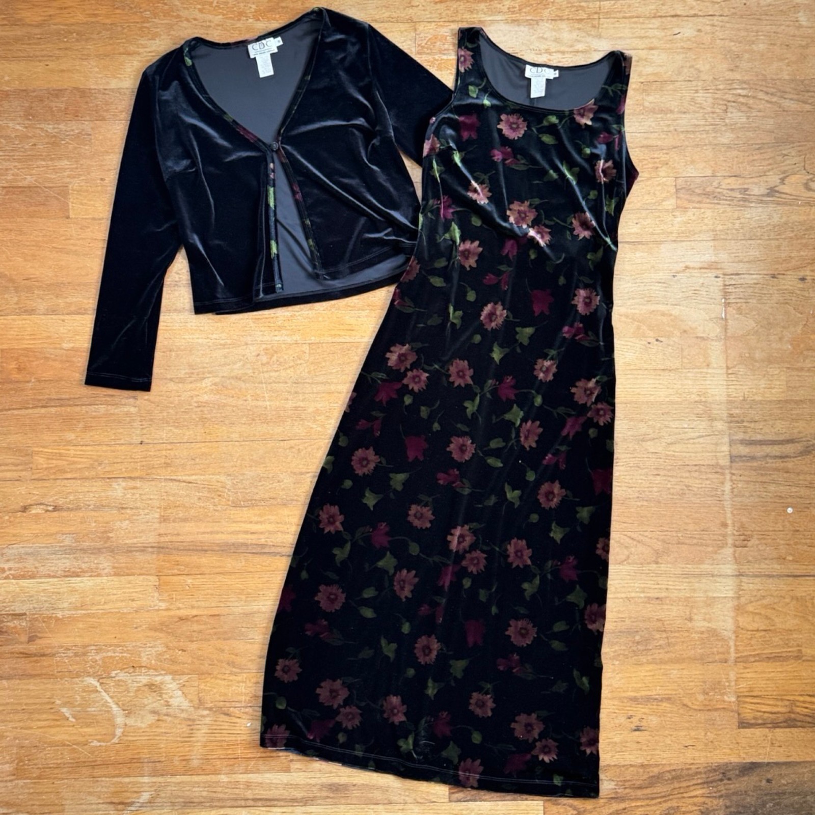Vintage Crushed Velvet Dress & Jacket Set Size Small 90s Black Floral Maxi