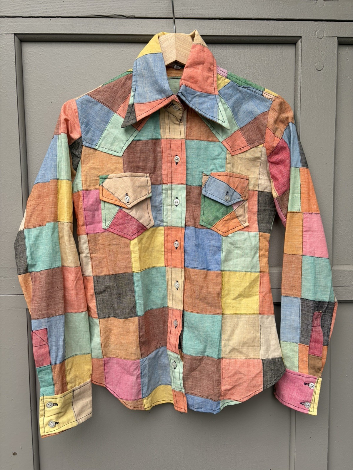 Vintage 70s Glam Rock Patchwork Shirt Hippie Bohemian Colorful Cotton M