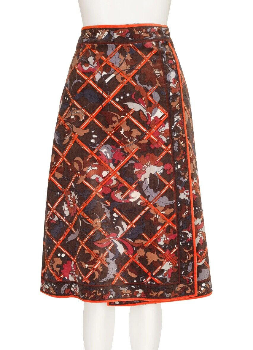 Emilio Pucci 1970s Vintage Floral Print Brown Cotton Velvet Wrap Skirt Sz S 28w