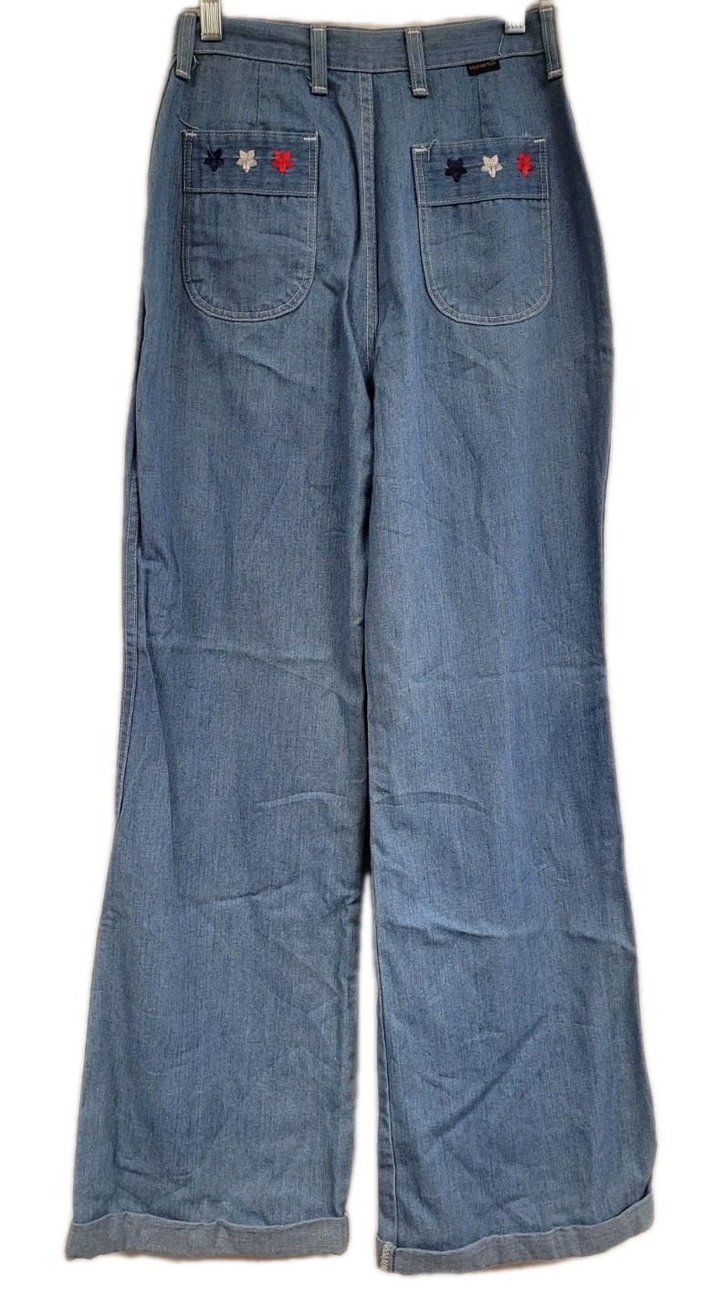 WOMENS VINTAGE MAVERICK JEANS 70s BELL BOTTOM FLARE DENIM HIGH WAISTED 25X32