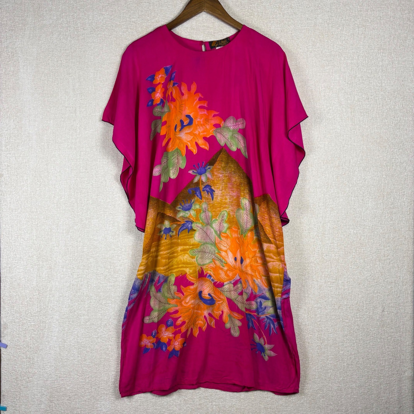 Elok Traditional Batik Indonesia Kaftan Dress Pink Floral Viscose Rayon One Size