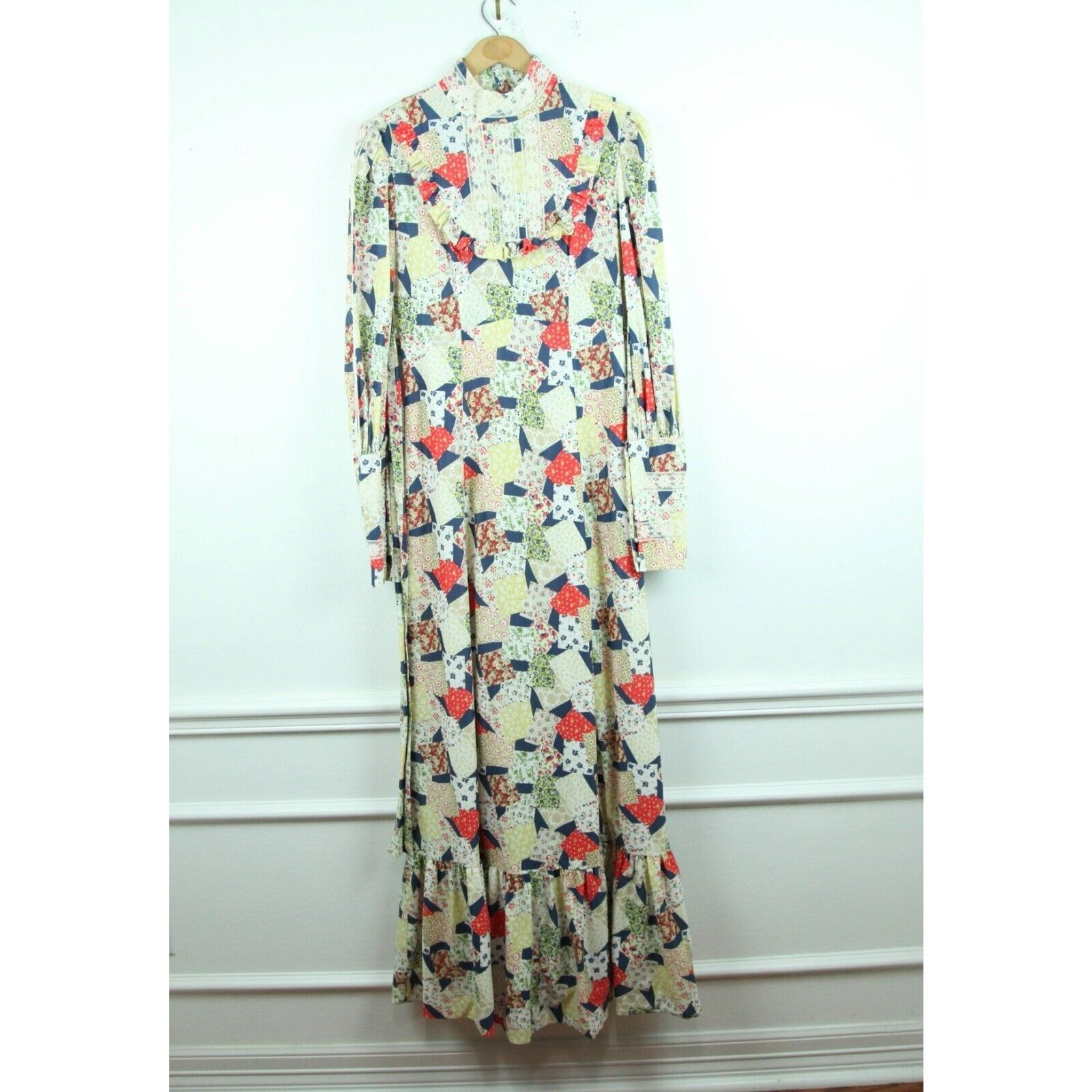 Vintage XS S Dress 70s Maxi Patchwork Prairie Ruffle Bib Hippy Boho Western