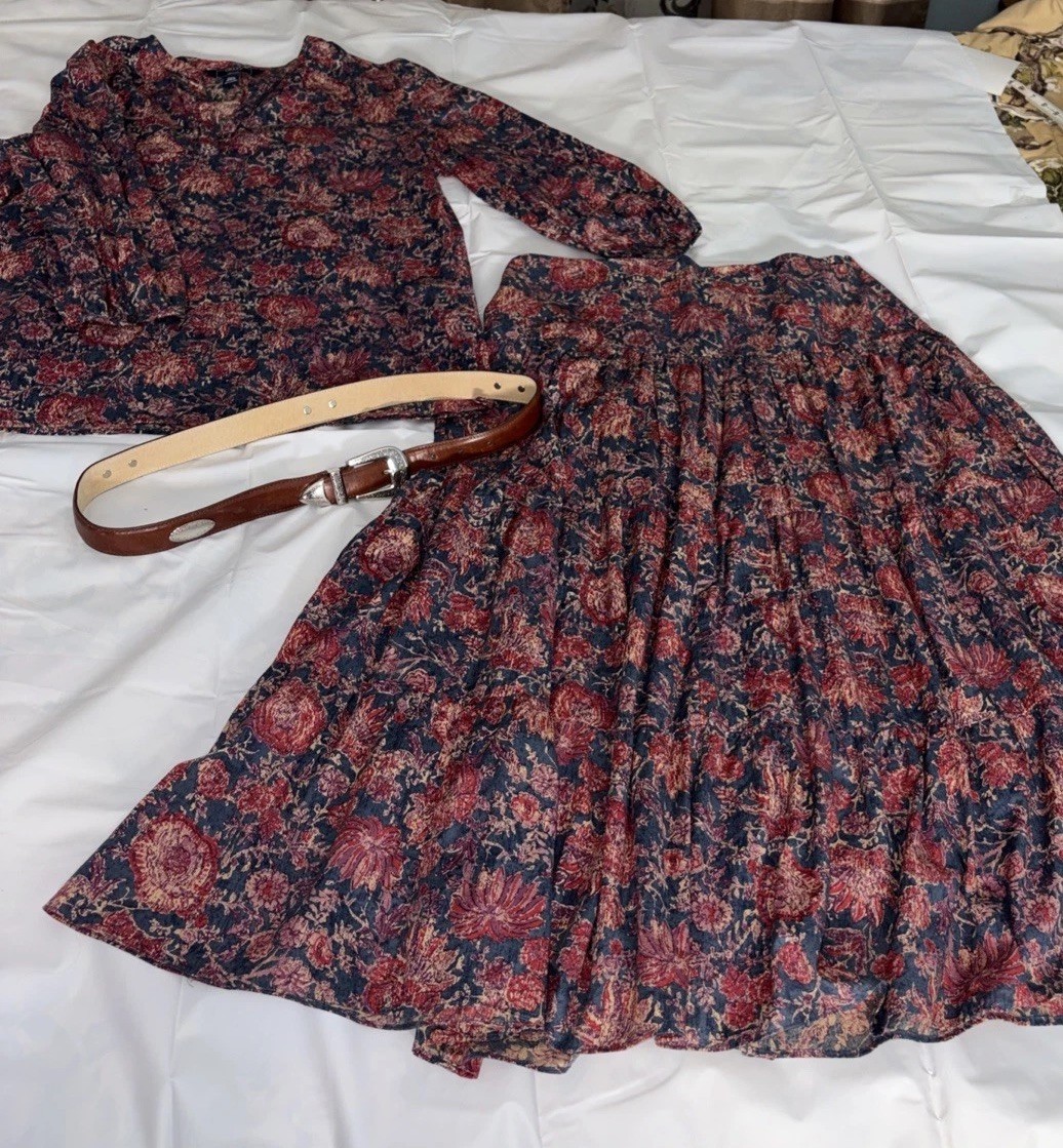 Vintage Ralph Lauren 100% Cotton Floral Country Western Shirt Sz XL Skirt Sz 8