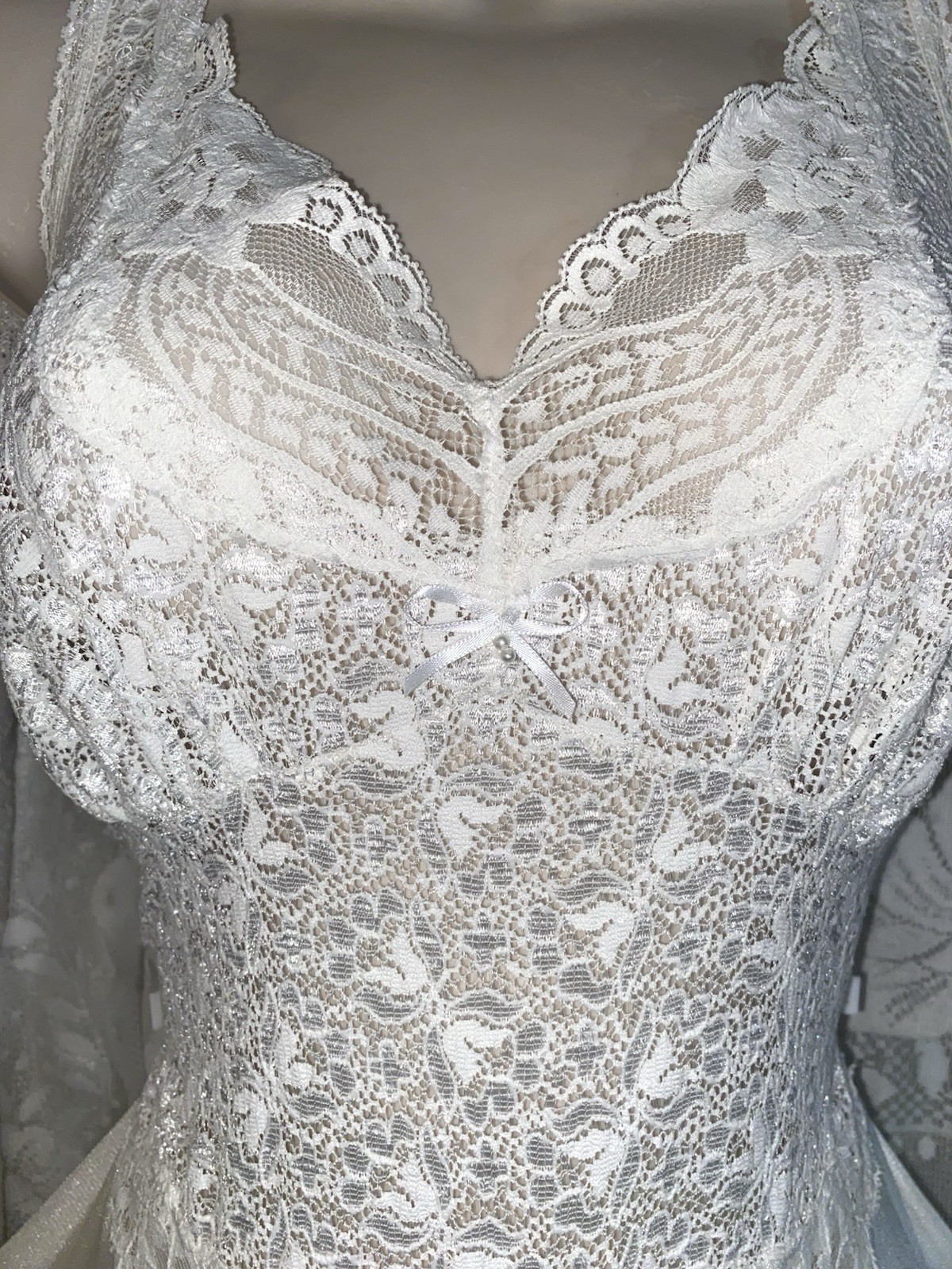 VTG 1X Bridal White Full Swp Soft Stretch NYLON Lace Bodice Nightgown Olga esque