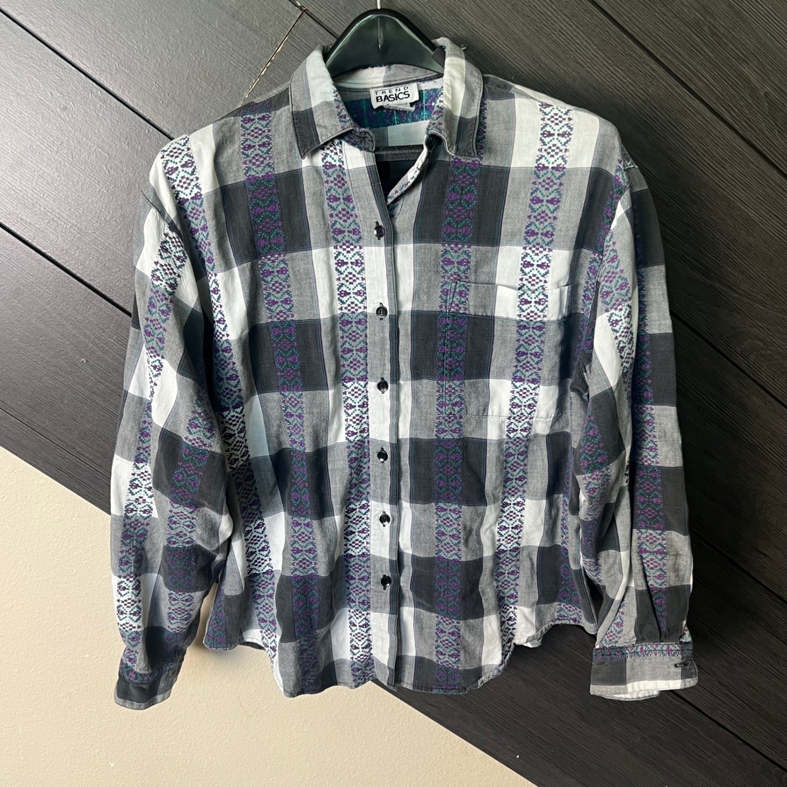 Vintage Trend Basics Women’s Plaid Button Front Shirt Large Gray Purple 90s