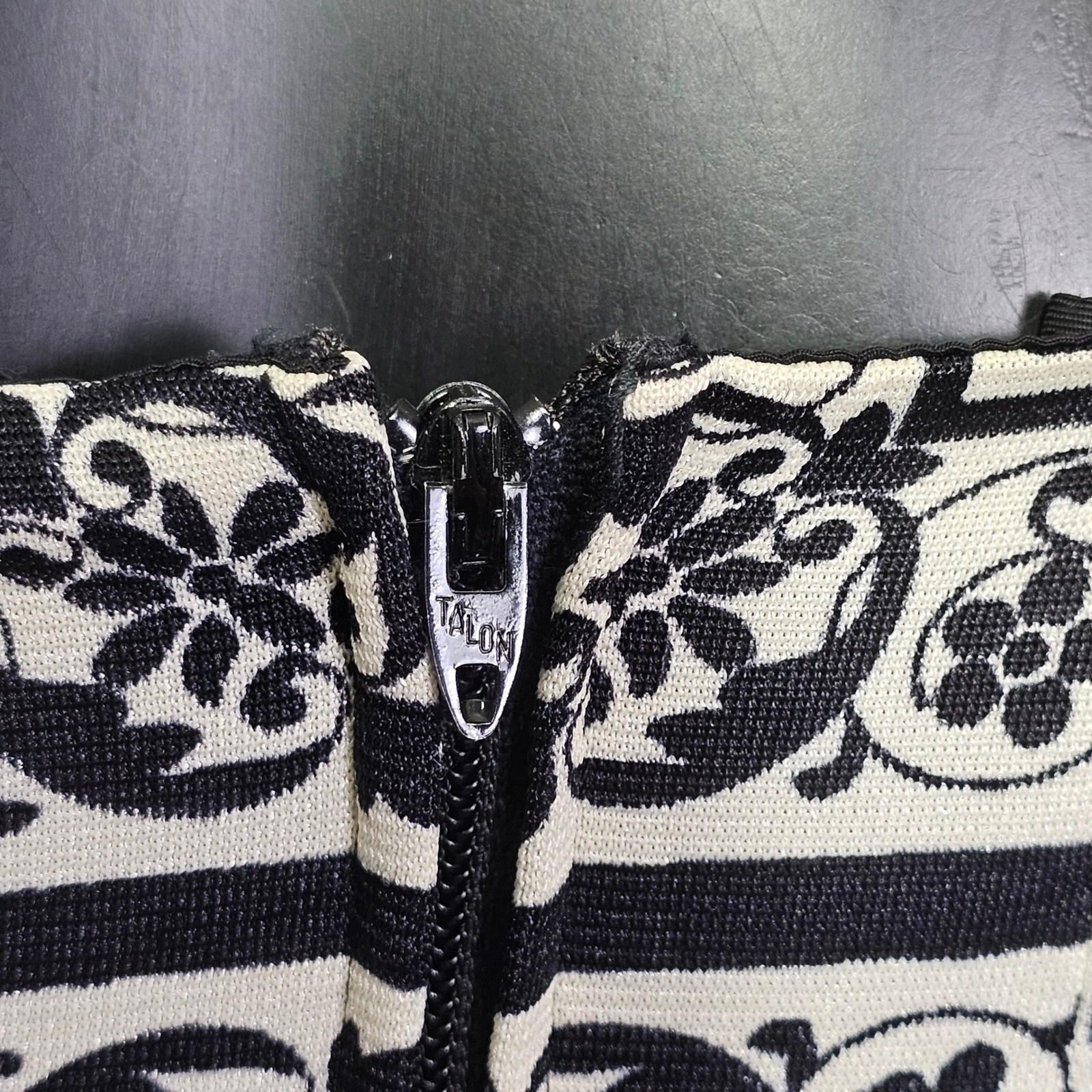 Vintage 70s Tea Timer Maxi Dress Black White Damask Side Slits Beaded Boho XS