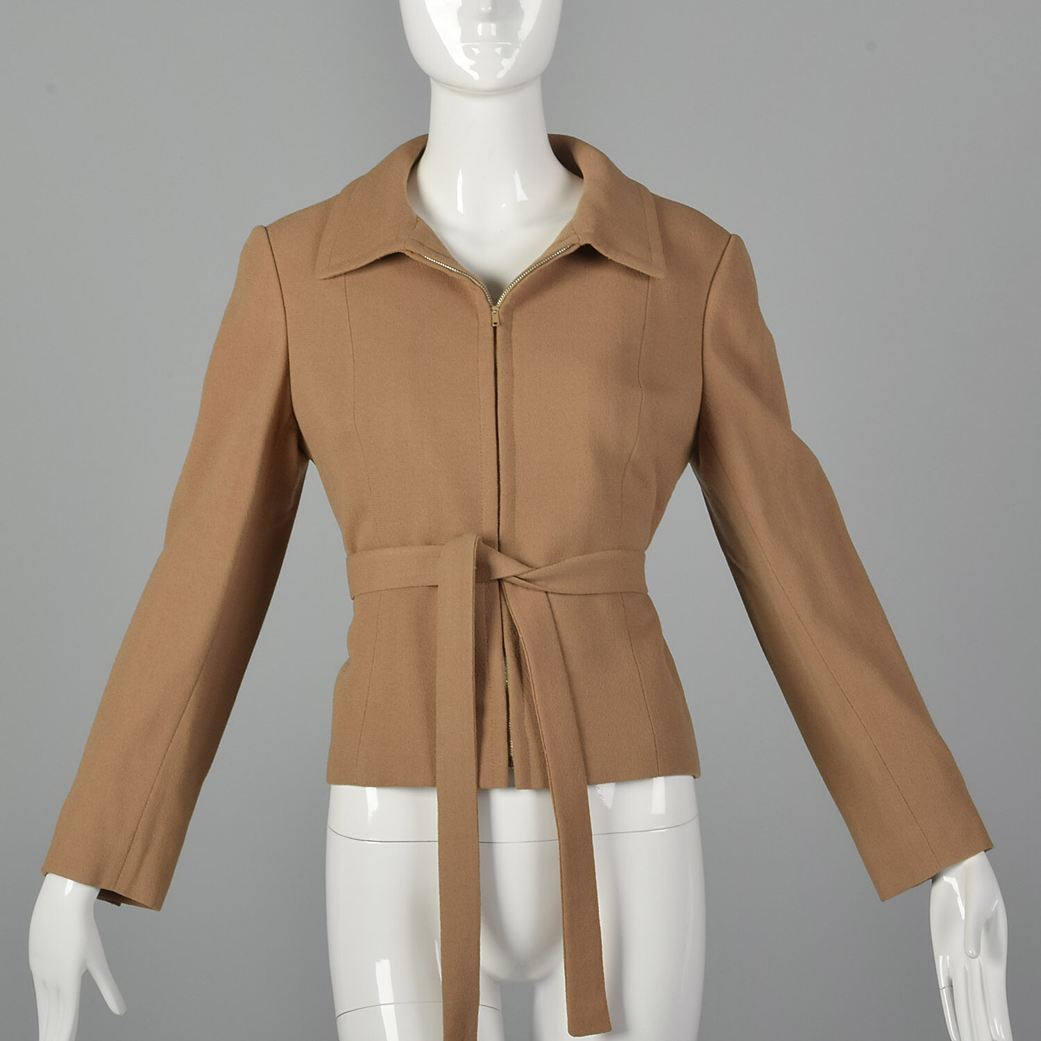 Small 1970s Camel Crepe Jacket Belted Saks Fifth Avenue Autumn 70s Minimalist