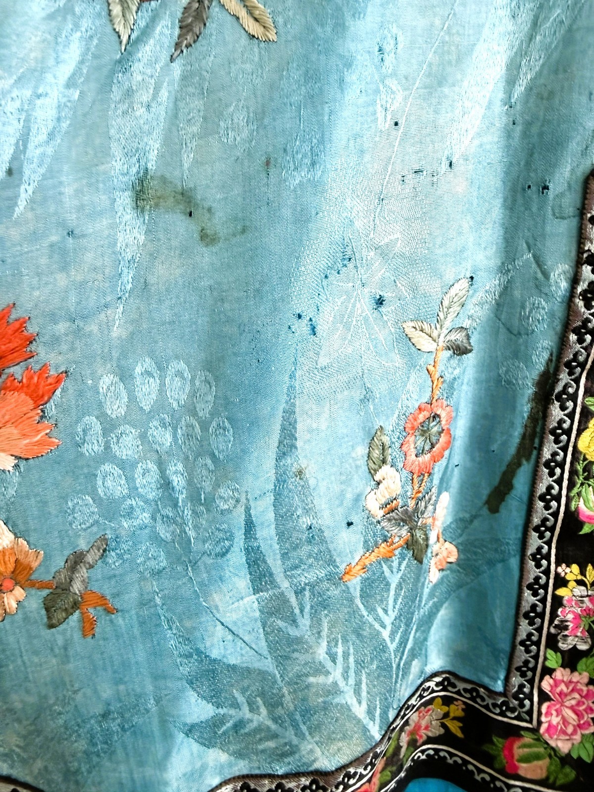 1920s 2pc Chinese Silk Satin Embroidered Blue and Peach Floral Robe Pants Set