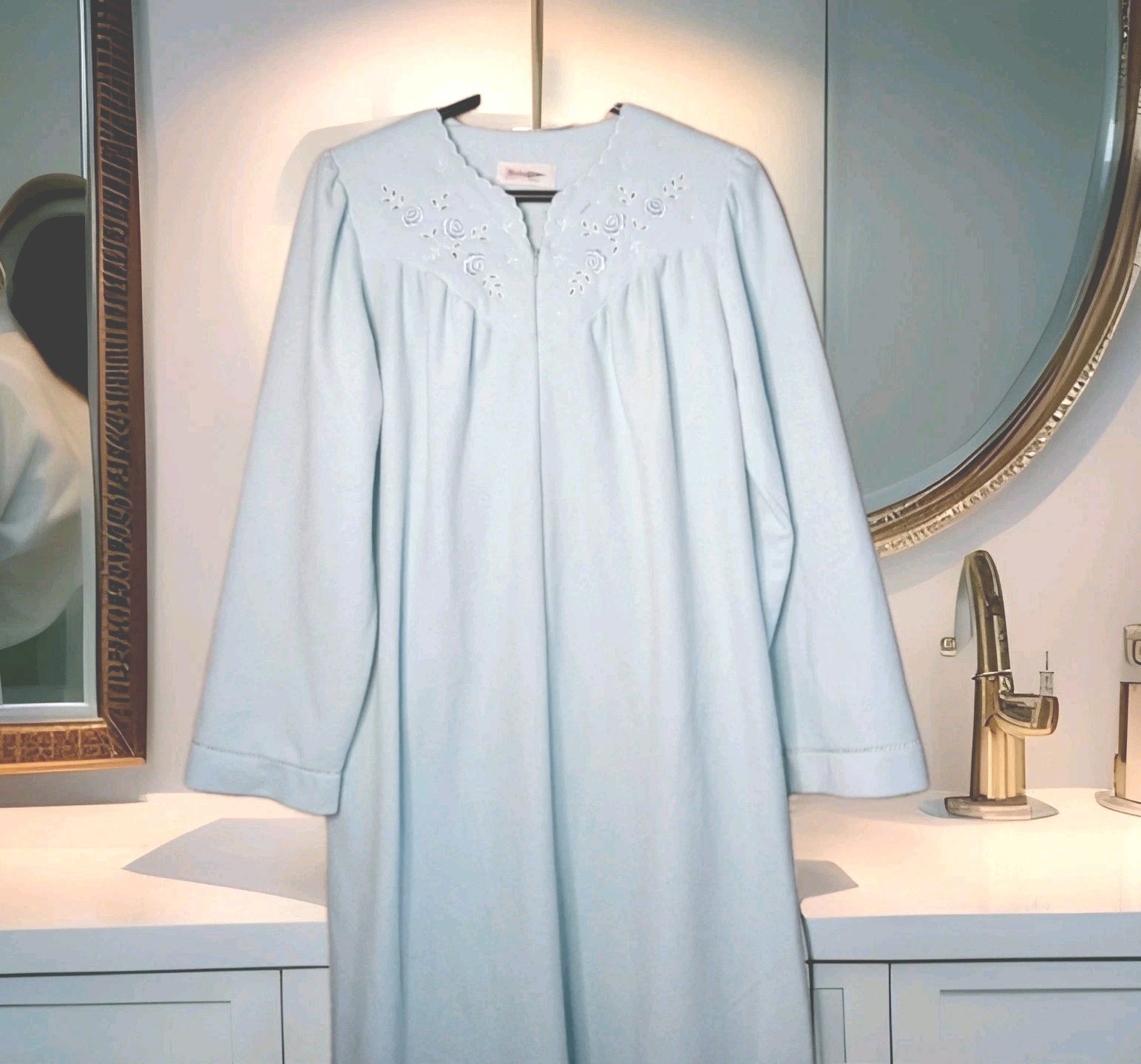 Vintage Womens Small ShadowLine Housecoat Blue Fleece Long 55″ Length 1/2 Zip