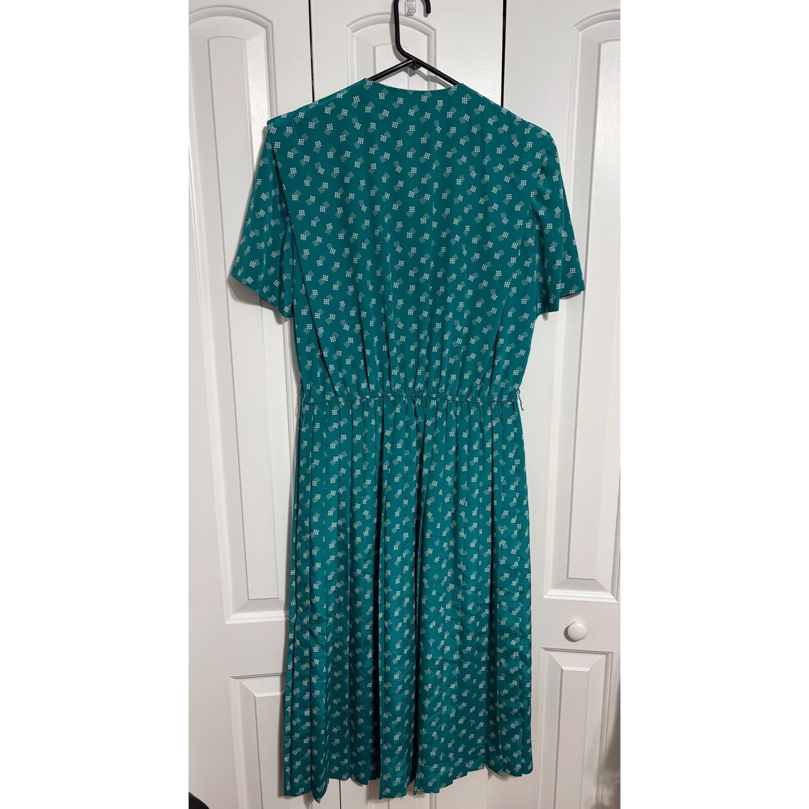 Leslie Fay Dress Vintage 80s Secretary Teal Geometric Pleated Midi Size 14
