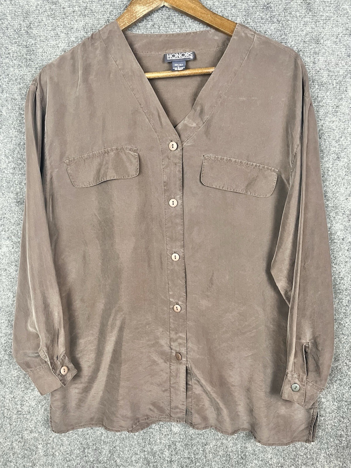 Vintage Honors Womens Silk Top Blouse Button Up Long Sleeve Brown Size Large