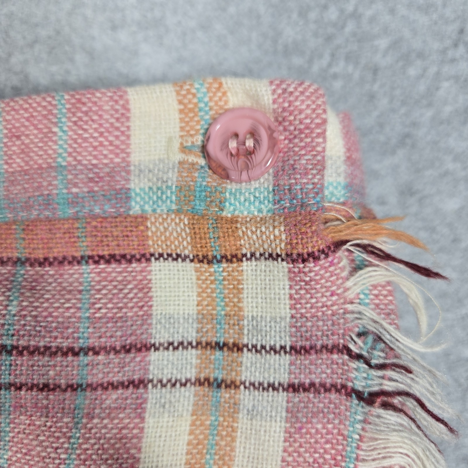 Vintage Present Co Wool Pleated Wrap Midi Skirt Size S Pink Cream Plaid Fringe