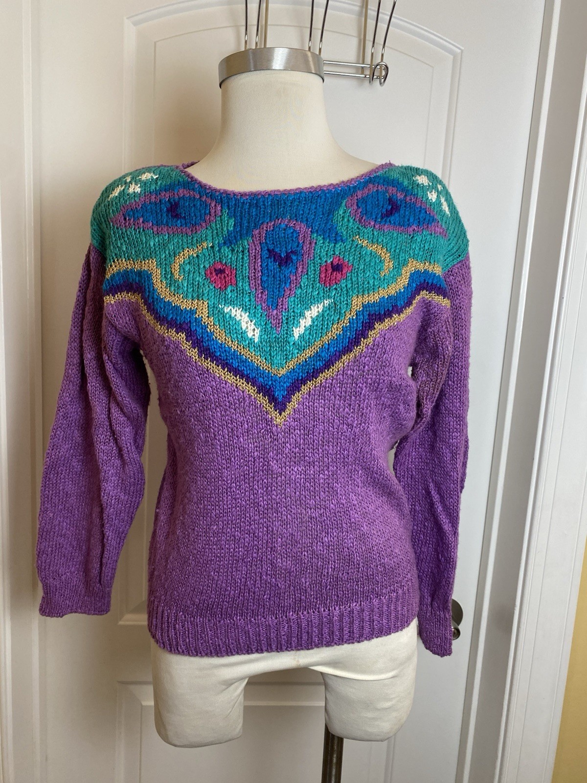 Vintage 1980s Segue Purple abstract knit sweater Gold Shimmer
