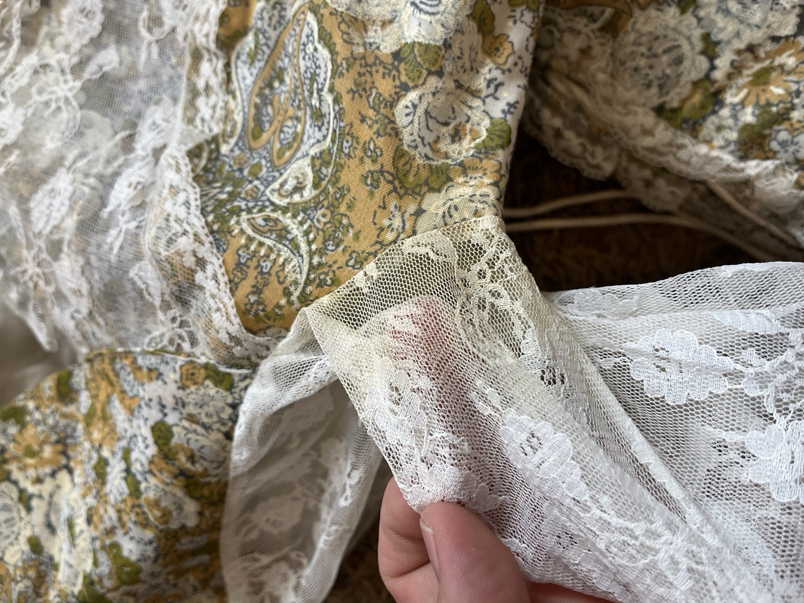 Vintage Floral Green Tan Floral Lace No Tags Prairie Maxi Dress