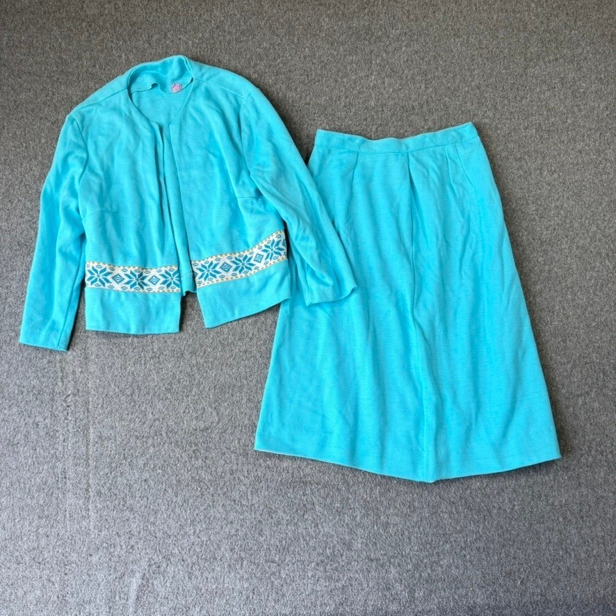 Vintage 70s Turquoise Blue Knit Skirt Set Snowflake Cardigan 2 Piece Size 9