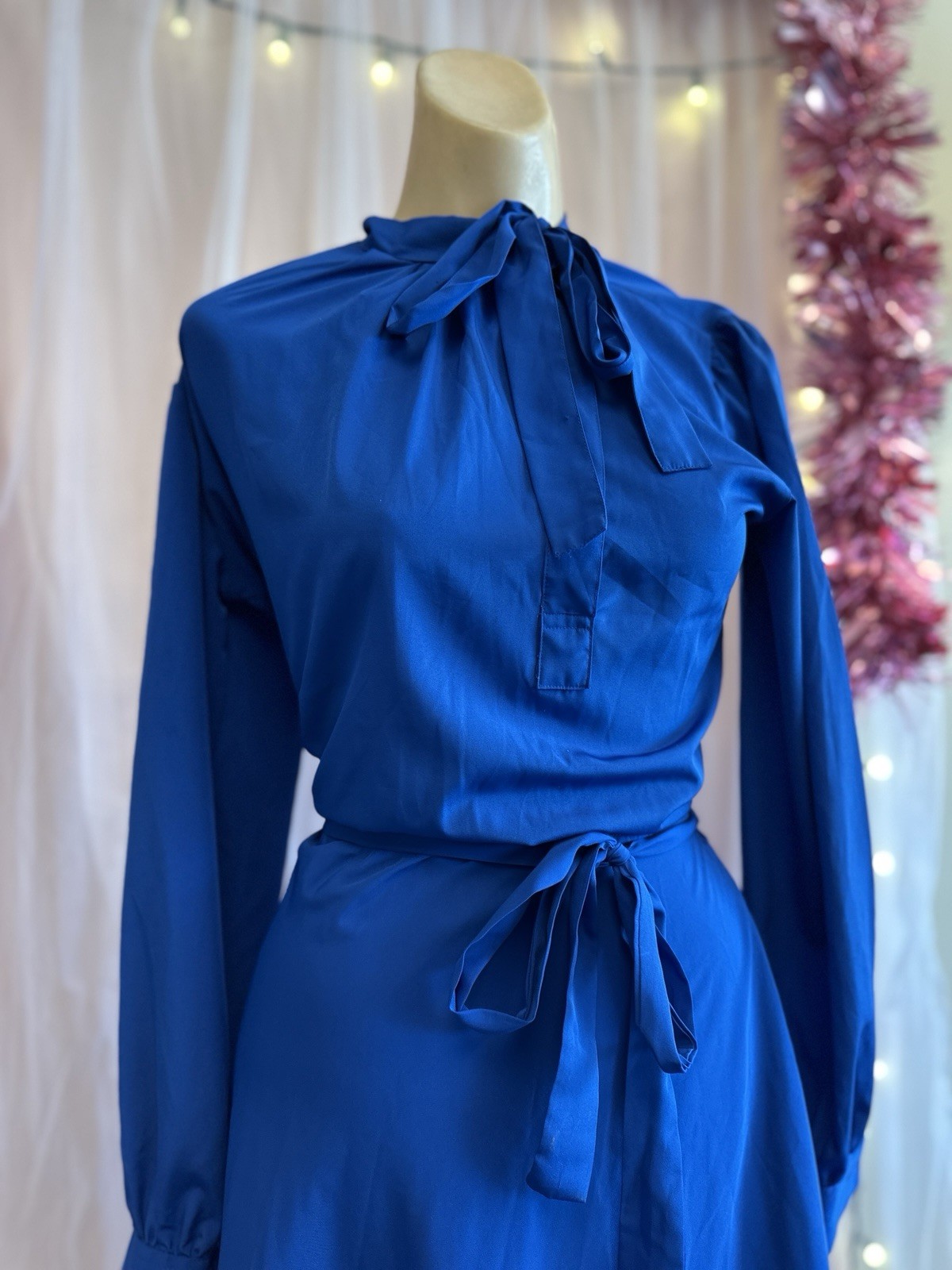 Vintage 70s 80s Blue Secretary Knee Length Dress Blouson Retro Long Sleeves M/L