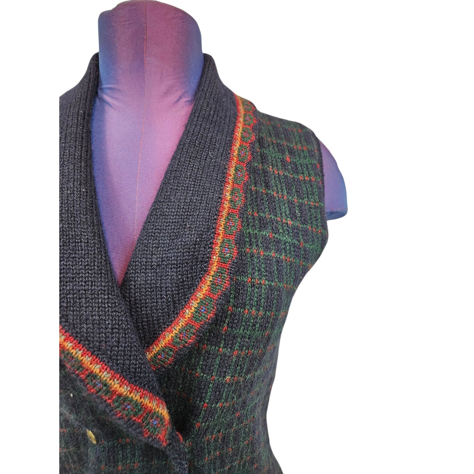 Vintage Susan Bristol Petite Plaid Wool Vest Double Breasted Shawl Collar W51