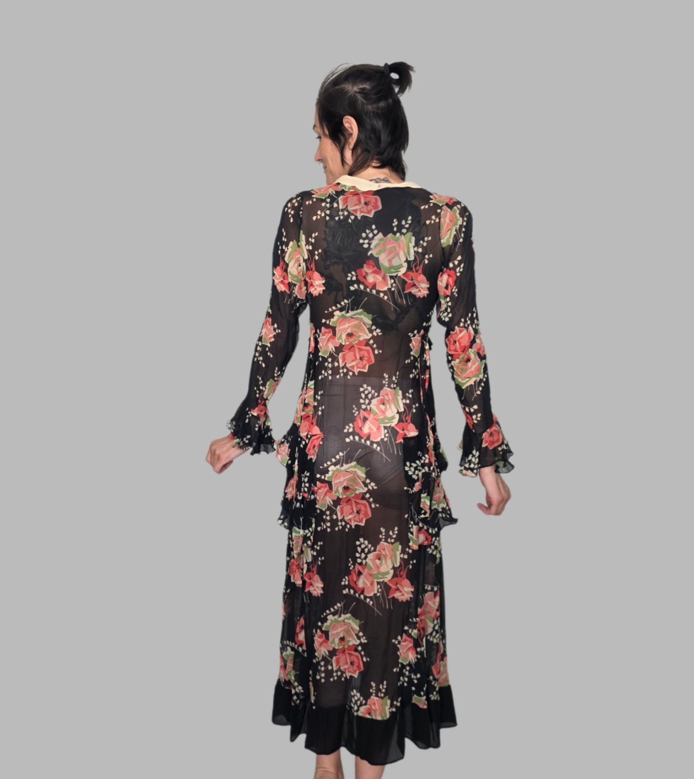 Authentic 1920s Black Silk Chiffon Dress | Floral Appliqué Flapper Gown |…