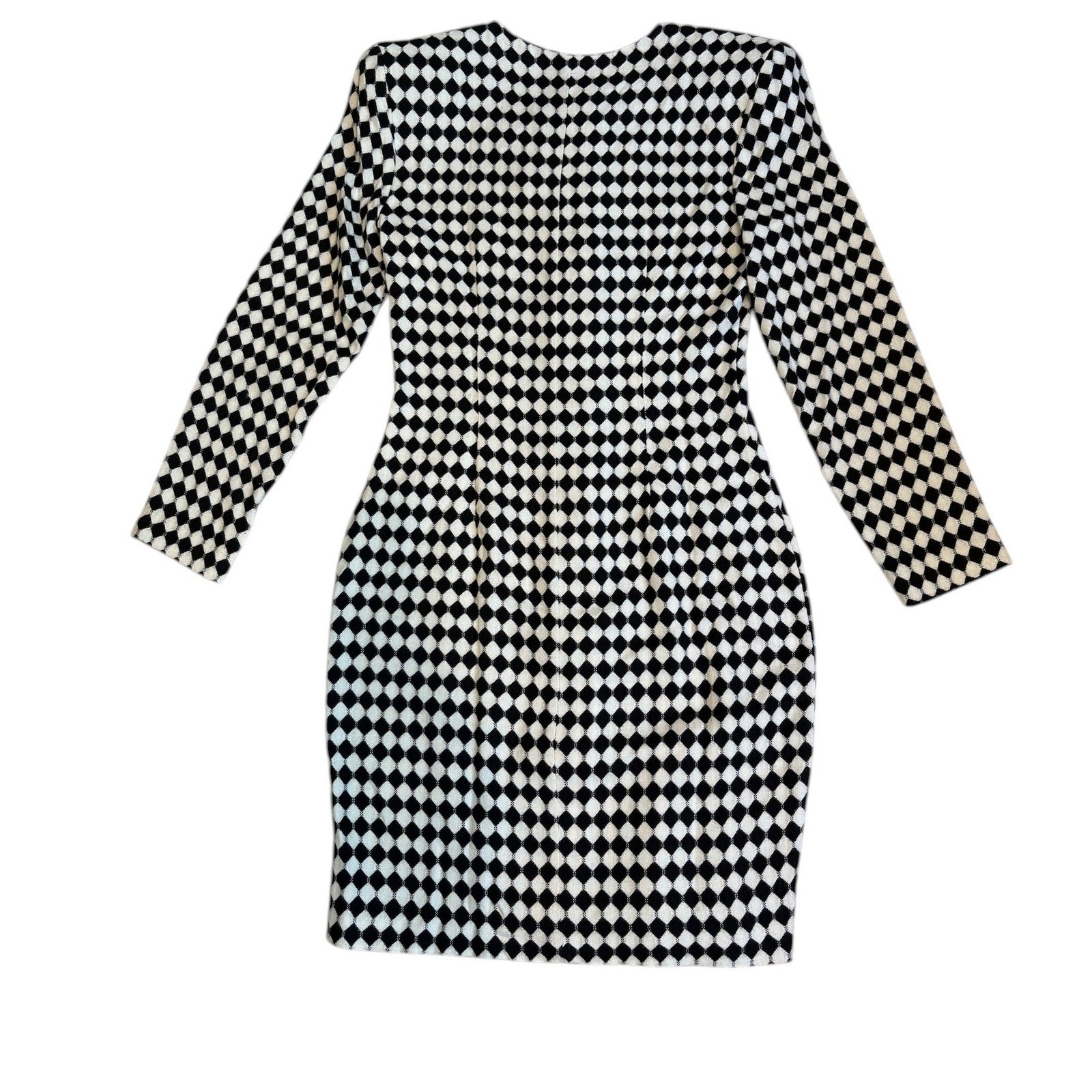 PJ Klein Vintage Harlequin Diamond Knit Dress Jewel Button Front Black White 5/6