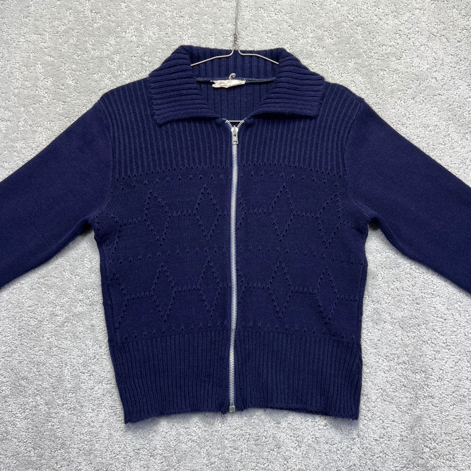 VINTAGE Young Canada Sweater Womens XS/S?? Navy Blue Diamond Knit Zip Up Acrylic