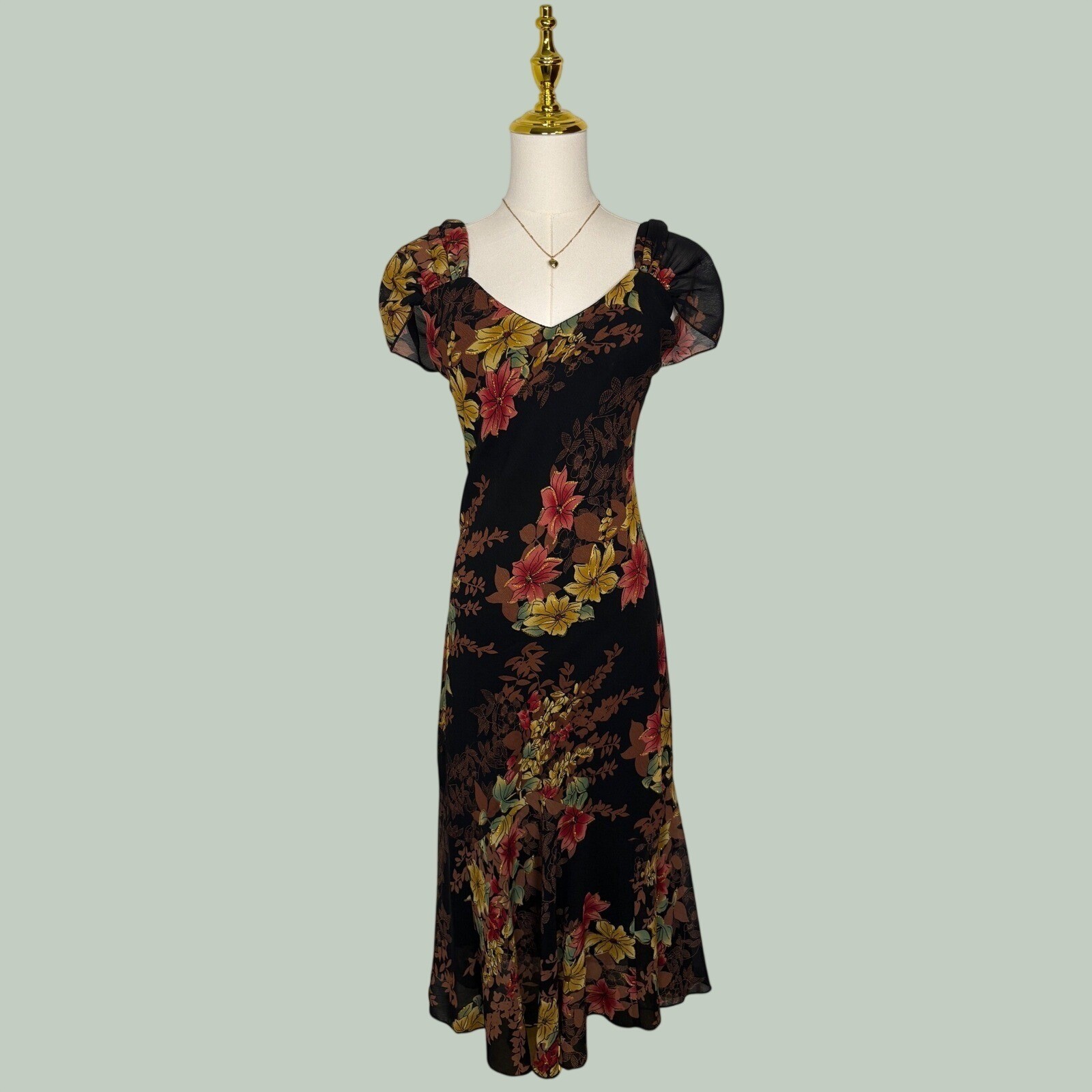 vintage 90s carina black glitter floral flowy midi dress cottagecore fairy boho