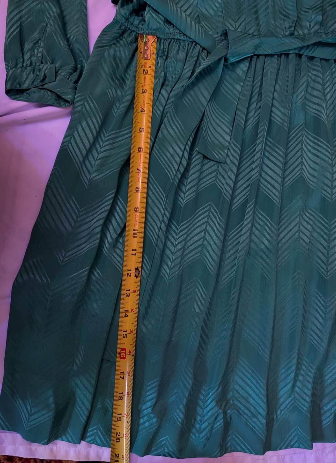 Liz Claiborne VTG Teal Dress Sz 12 Batwing Sleeves Exec Geo Poly Pleated Bodice