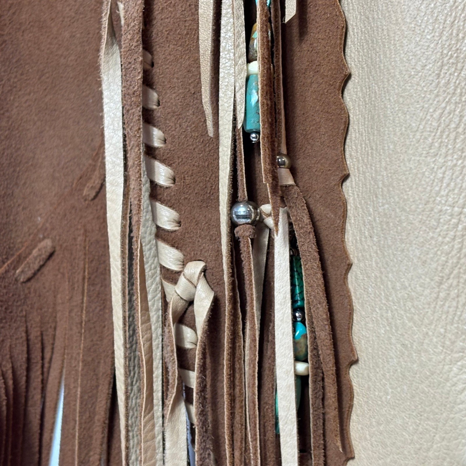 Blue Bonnet Rose Leather Brown & Tan Vest Fringed Turquoise Beads Boho Western