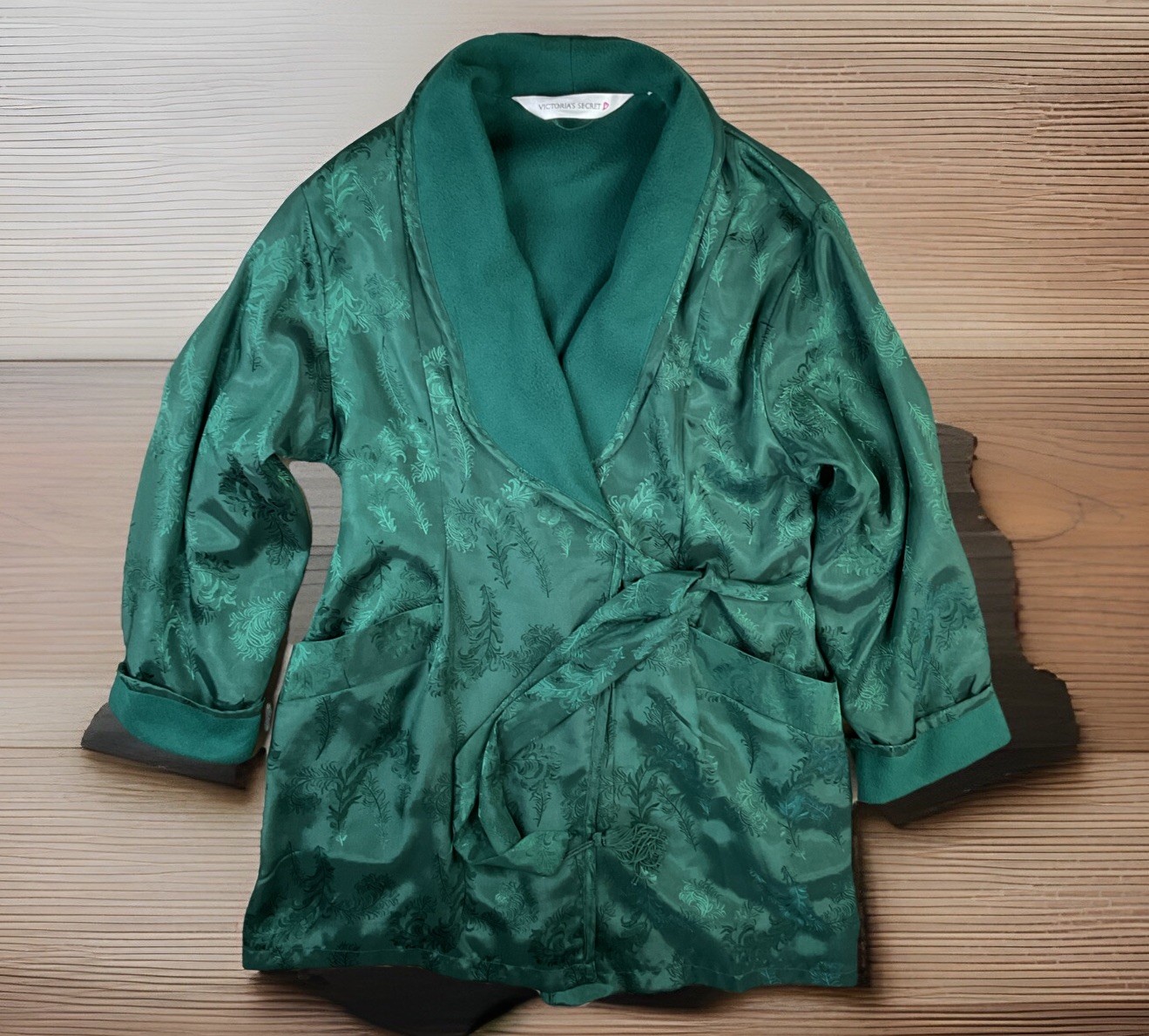 Vintage Victoria’s Secret Robe Green Satin Floral Fleece Lined Pockets Belted
