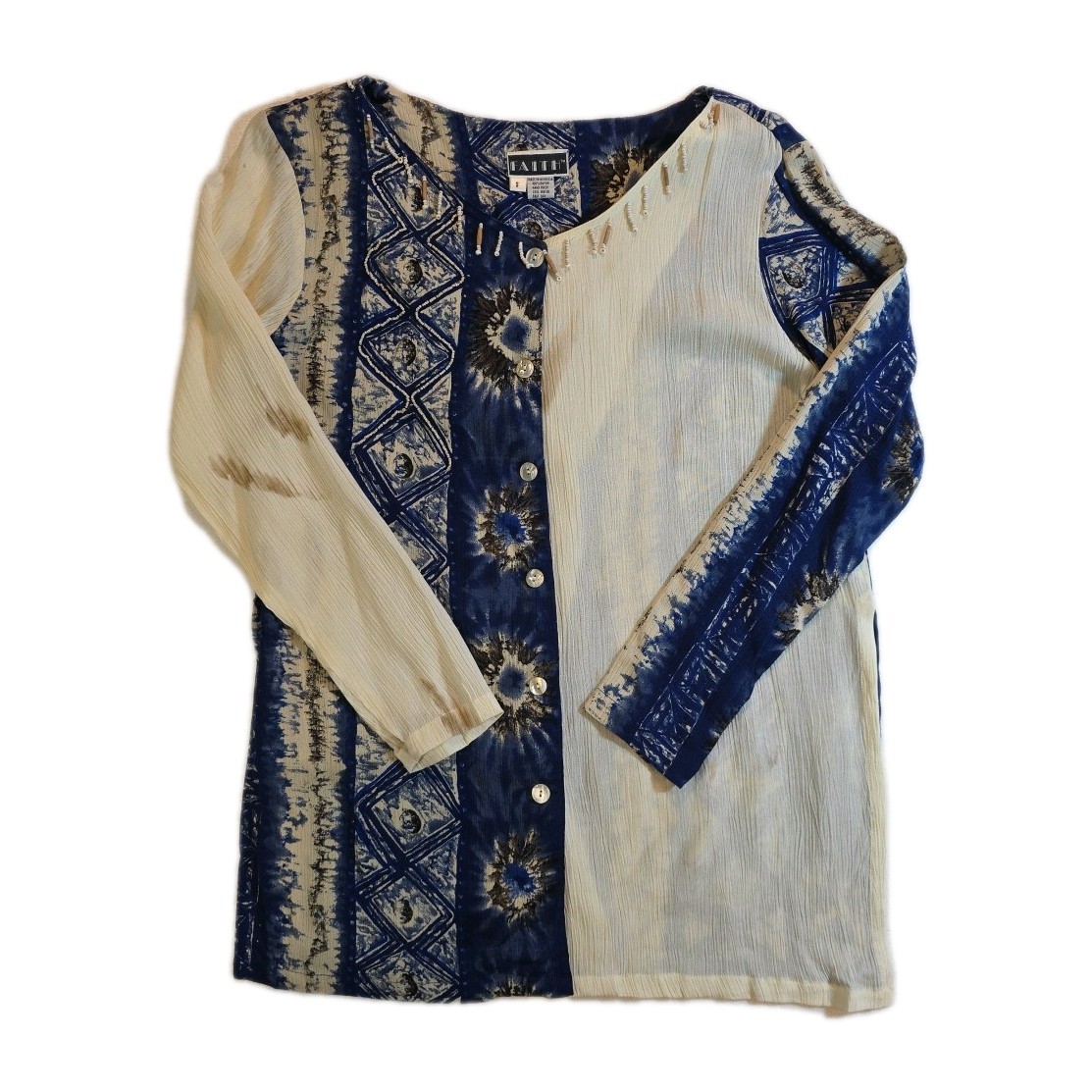 Vintage Navy Blue & Cream Faith Beaded Bohemian Style Blouse – Size S