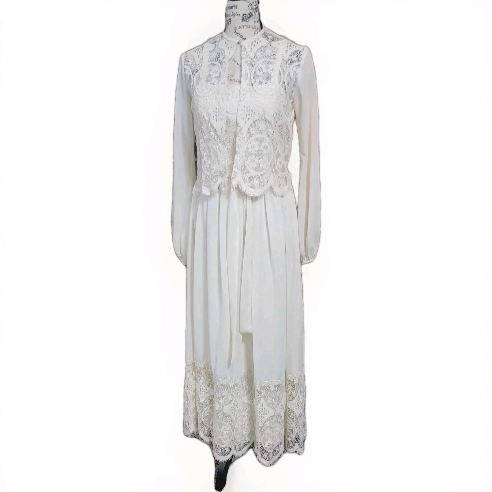 Vtg 2pc Crochet Lace Women’s XS Montgomery Ward Cream Dress Special Occasion
