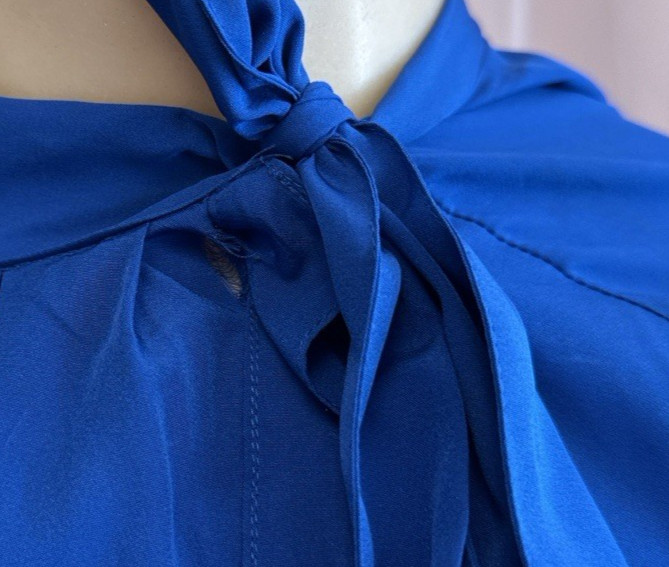 Vintage 70s 80s Blue Secretary Knee Length Dress Blouson Retro Long Sleeves M/L