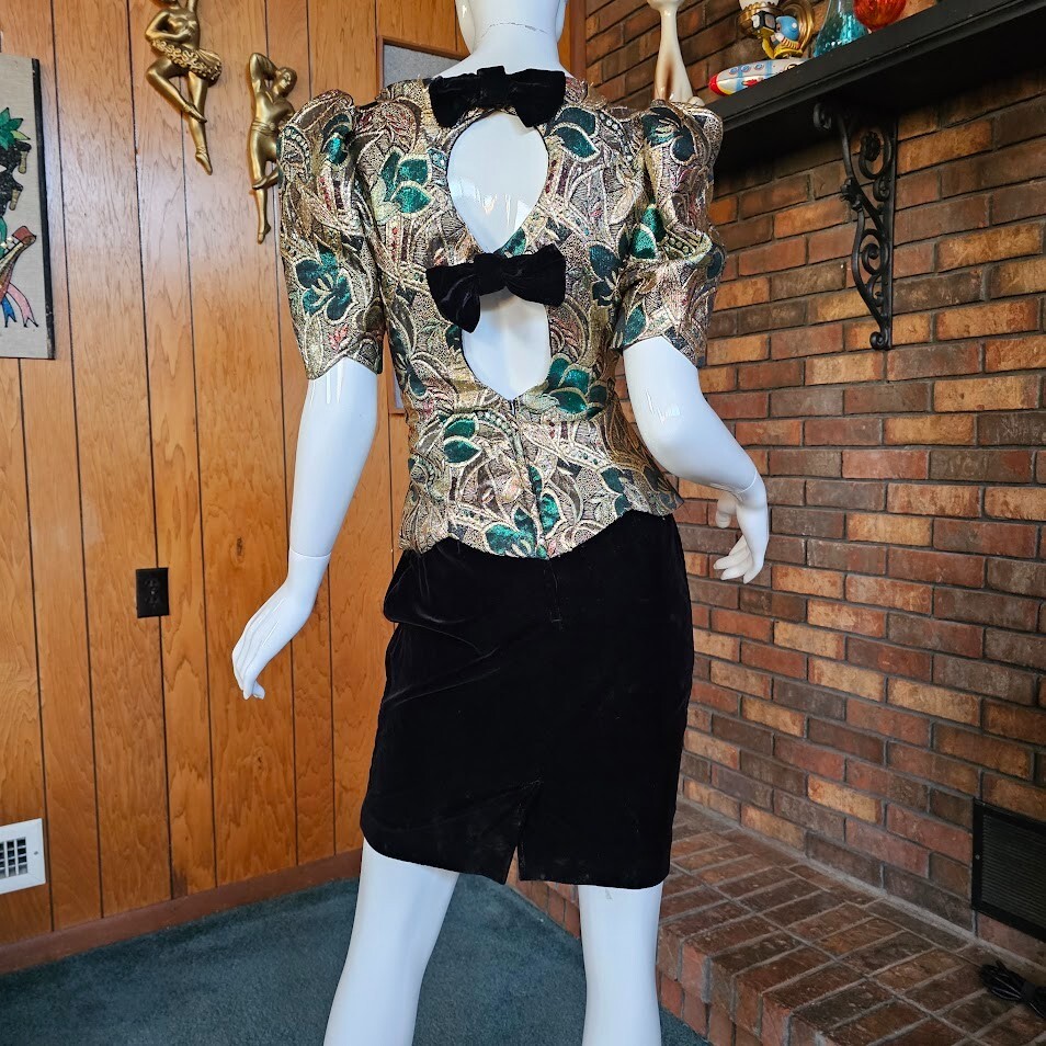 Vtg 80s Gaudy Gold Metallic Brocade Cut Out Cocktail Party Wiggle Mini Dress M