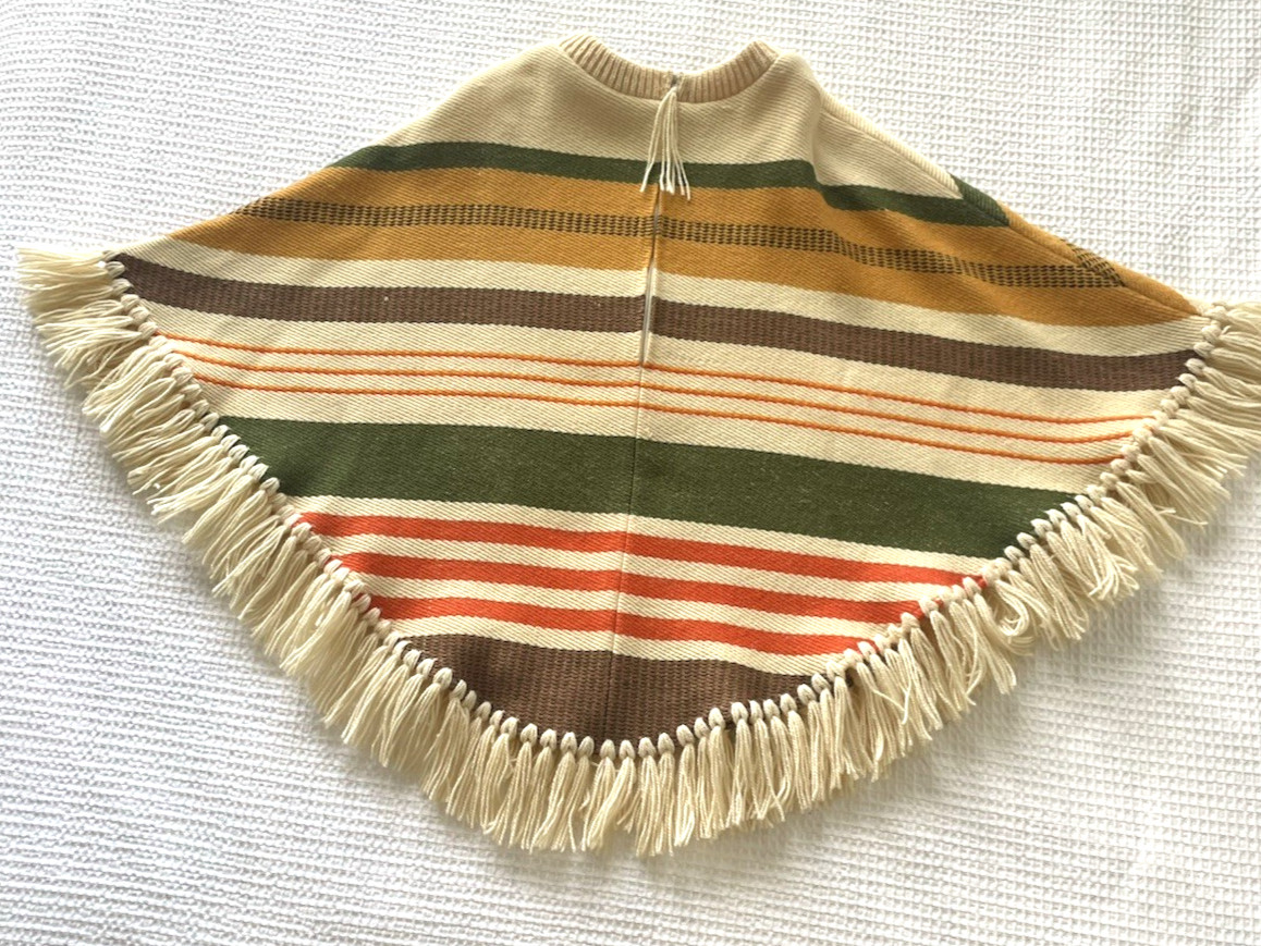 Vintage 70s Poncho Cape Madawaska Weavers Handwoven Wool Fringe Canada Striped