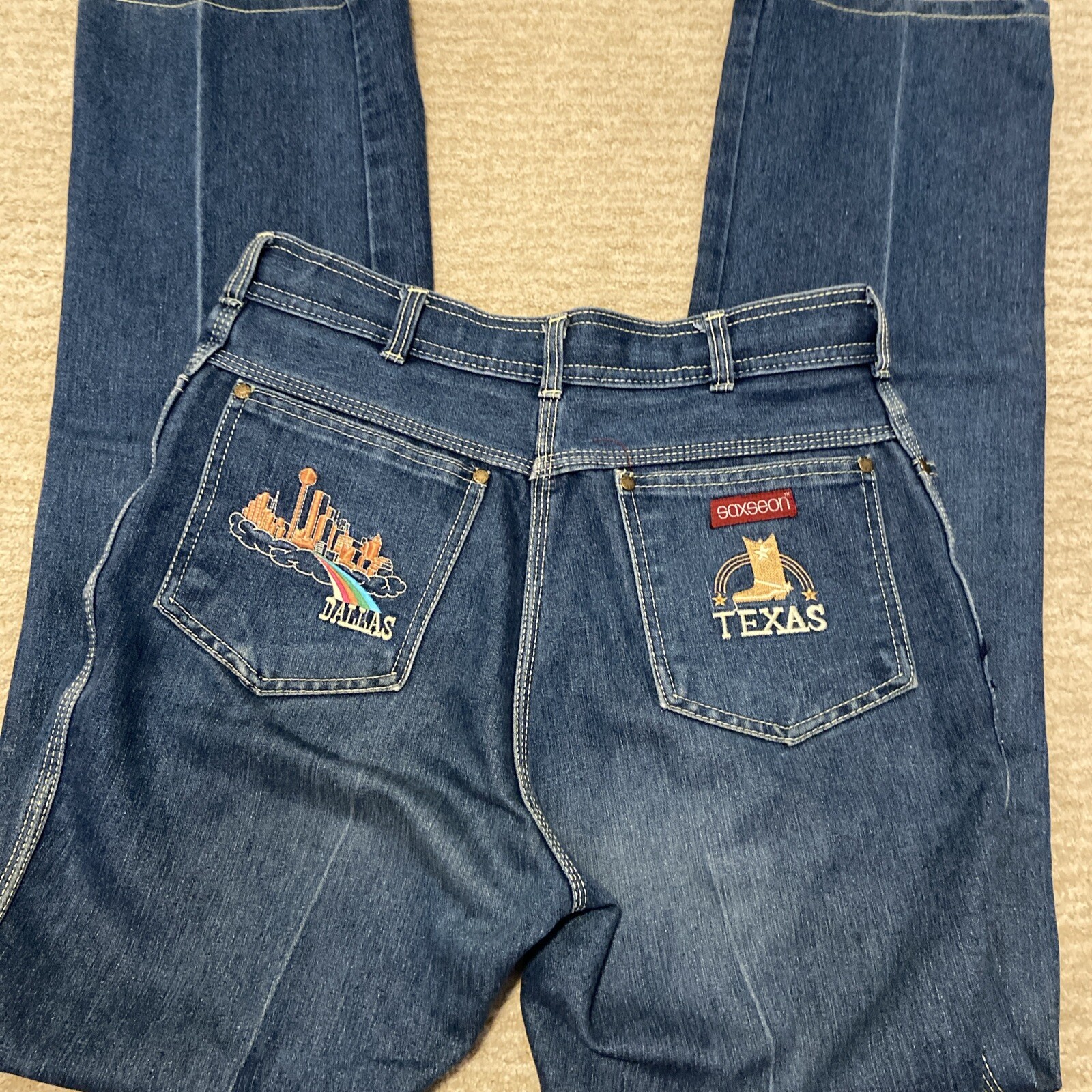 VINTAGE Saxseon Denim Patch High Rise Jeans Dallas Texas Women’s Sz 13 Western