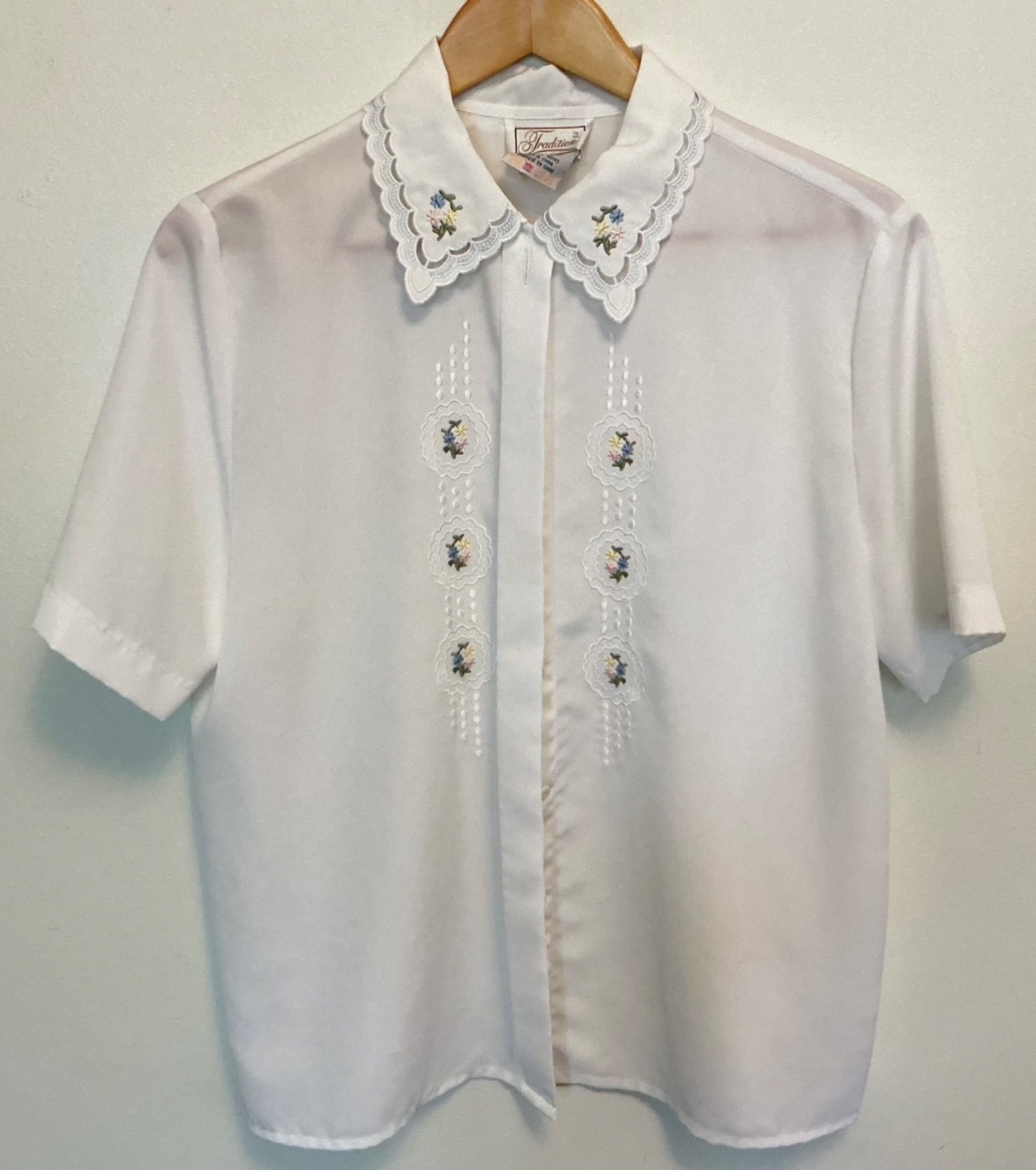VTG 80s Sears Tradition White Embroidered Blouse Lace Collar Cottagecore Sz 12