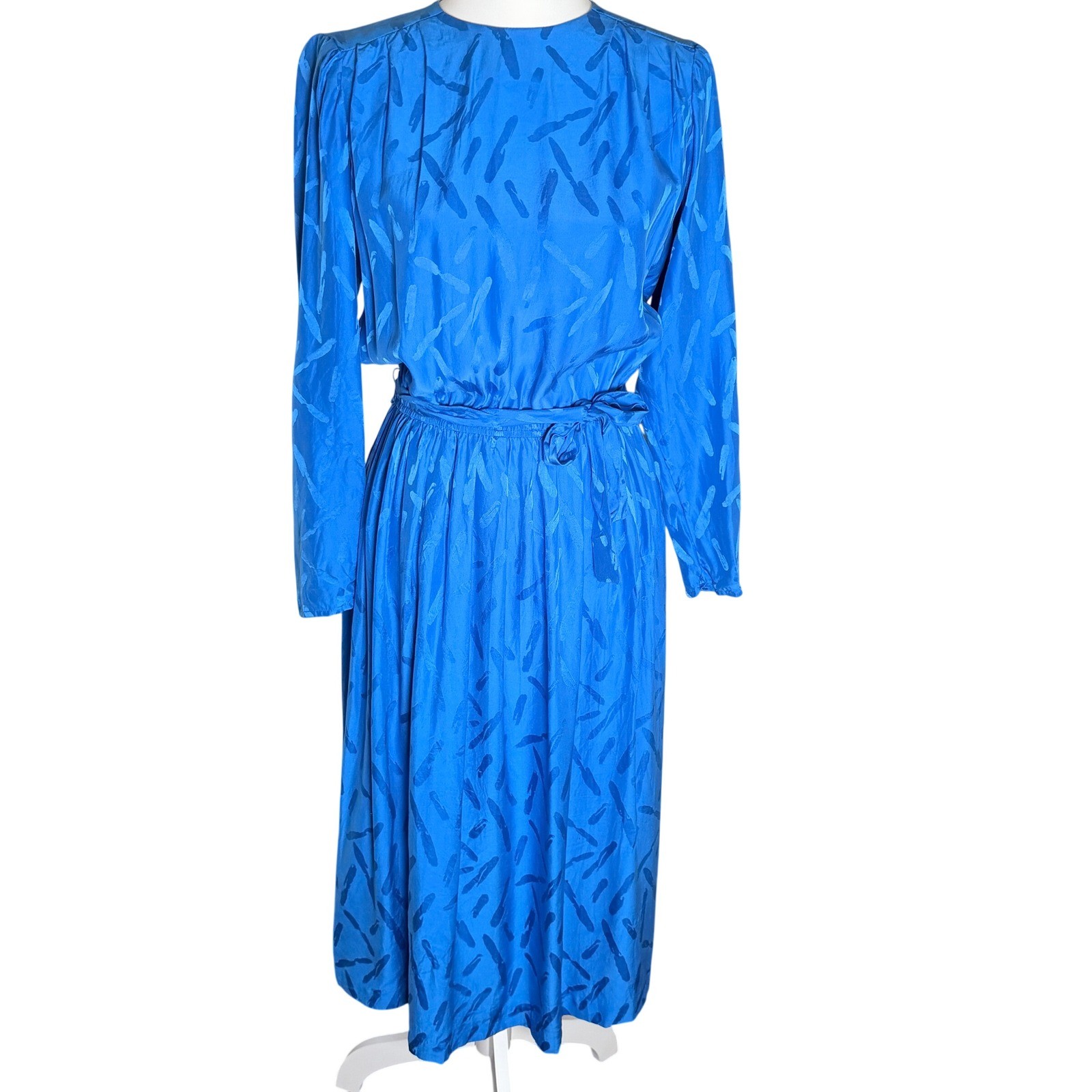 Vintage Argenti Blue 100% Silk Jacquard Midi Dress Sz 6 80’s Artsy Coastal READ