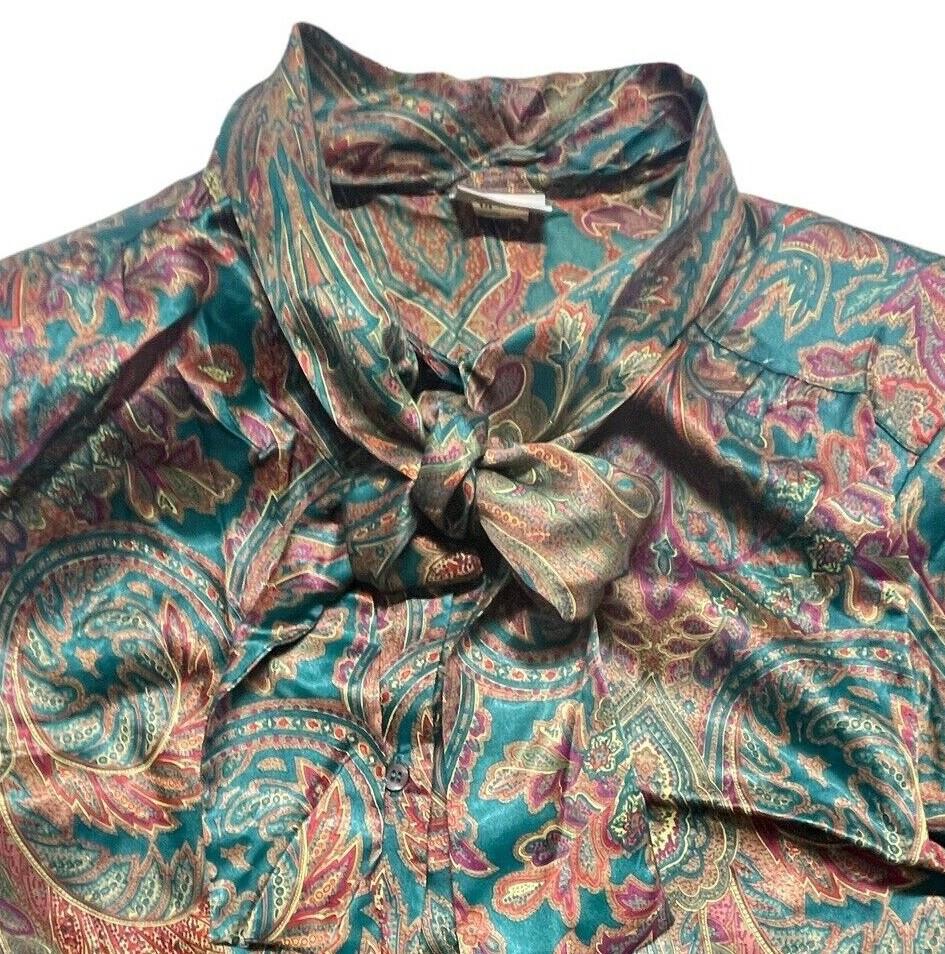 Russ Vintage Blouse Womens Sz 14 Neck Tie Business/Classy, Shoulder Pads Buttons