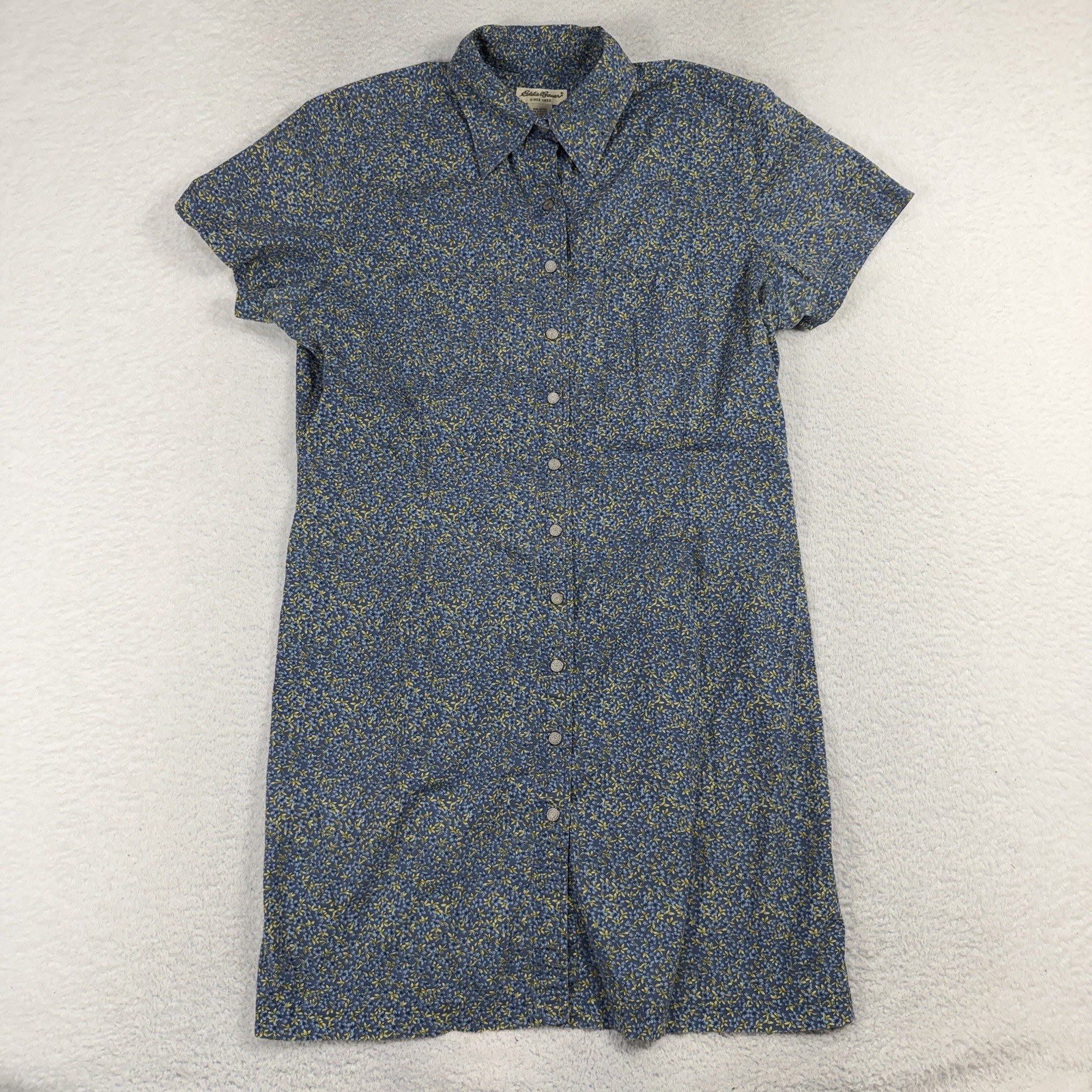 Vintage Eddie Bauer Blue Floral Button Up Dress Short 90’s Grunge Y2K Large