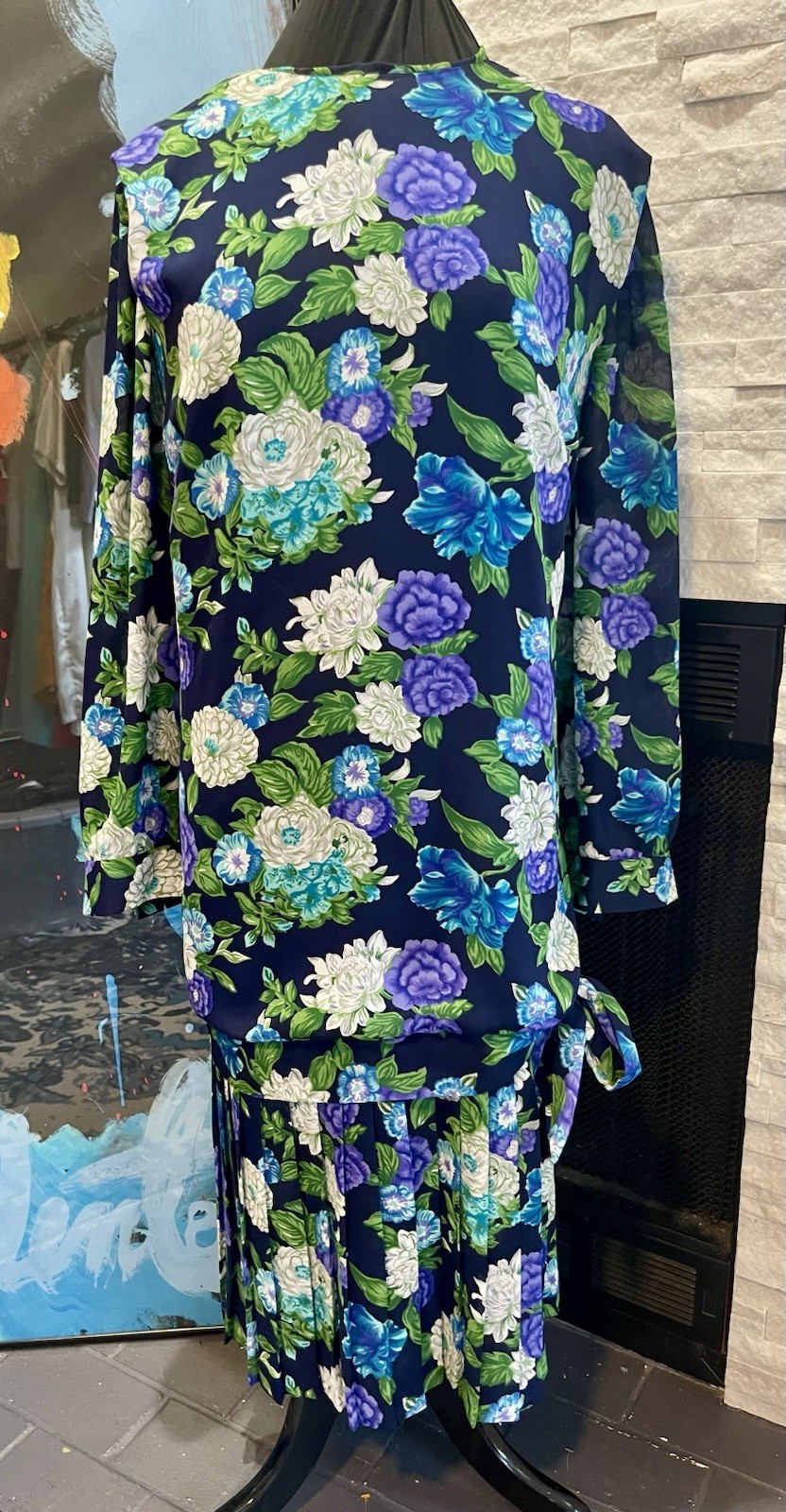 VTG Leslie Fay 90s Cottage Core Drop Waist Floral Blue Dress W Pleats Size 16W