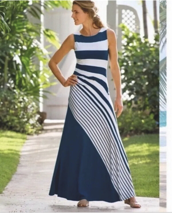 Soft Surroundings Here to Infinity Maxi Dress Size SMALL Striped Navy White