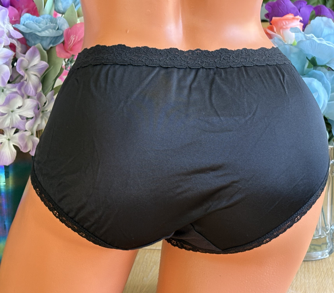 COTILLION 8/XL BLACK Hi Shine SATIN All Nylon Lace Trim Brief Panties NWOT VTG