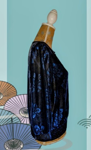 VINTAGE FREJANI Shiny SPECIAL OCCASION Blouse SHEER Blue Sz Large 1/2 Sleeve